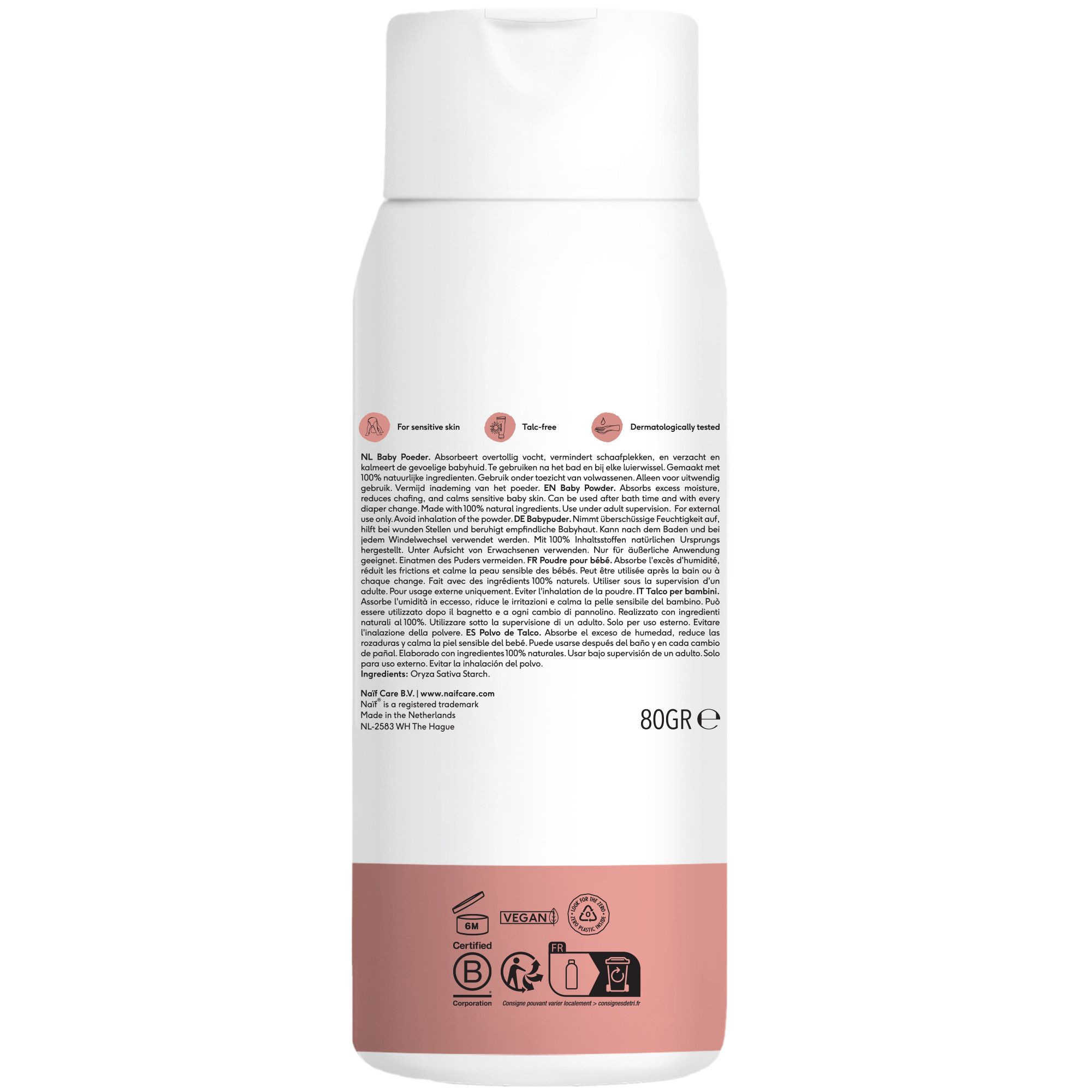 Pieds de bébé sur tissu bleu. Texte : Apaisant. Sans talc.