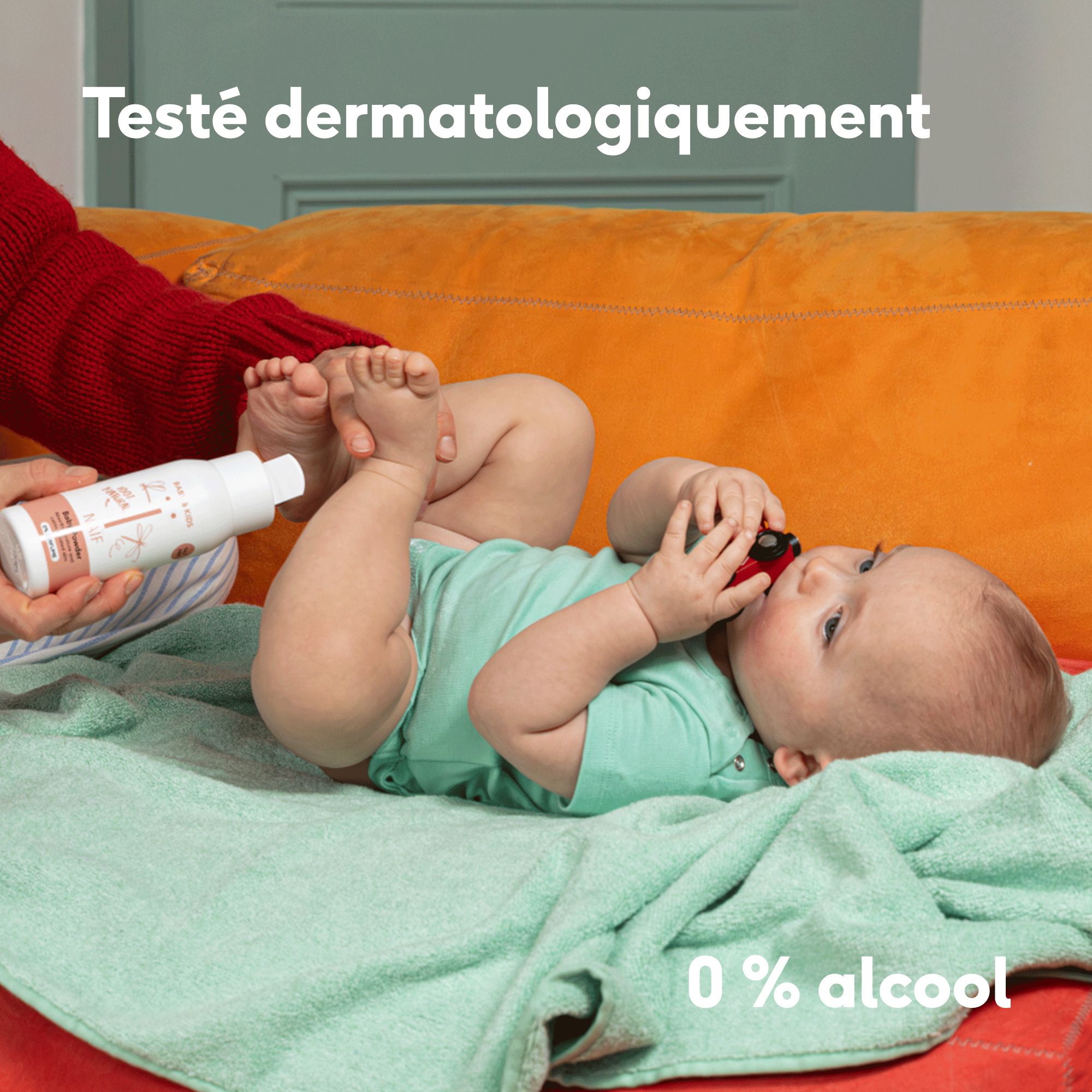 Poudre pour bébé Naïf. Bouteille blanche. 80gr. 0% parfum. 100% naturel. Certifié allergie.