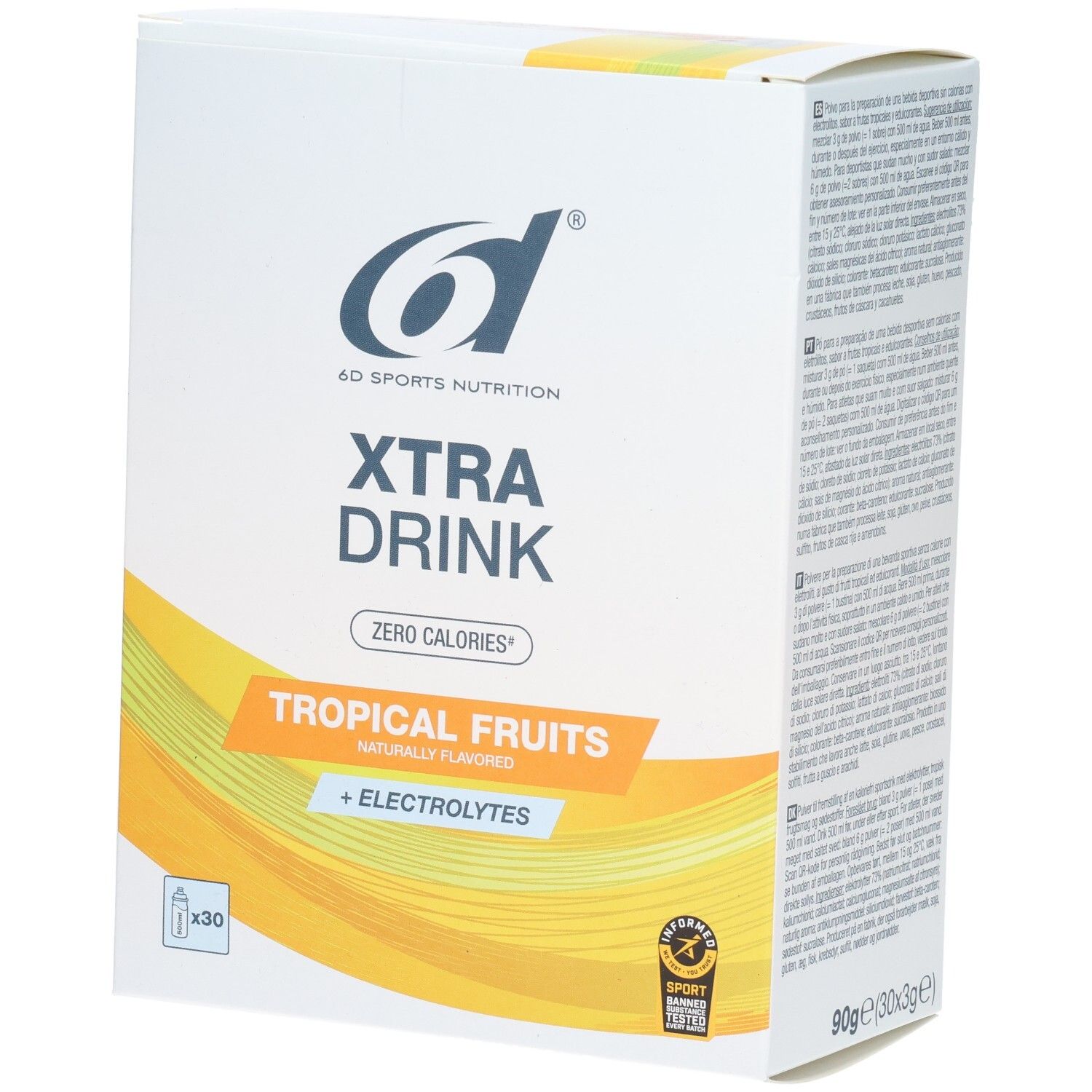 Boîte de 6D Xtra Drink. Contient 30 sachets. Inscription : Xtra Drink, Tropical Fruits, + Electrolytes. Logo : 6D Sports Nutrition. Avec certification sportive.