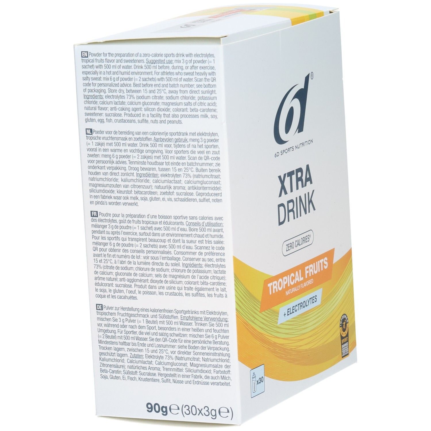 Dos de la boîte de 6D Xtra Drink. Texte en plusieurs langues. Contient des informations sur les ingrédients et l'utilisation. Logo : 6D Sports Nutrition.