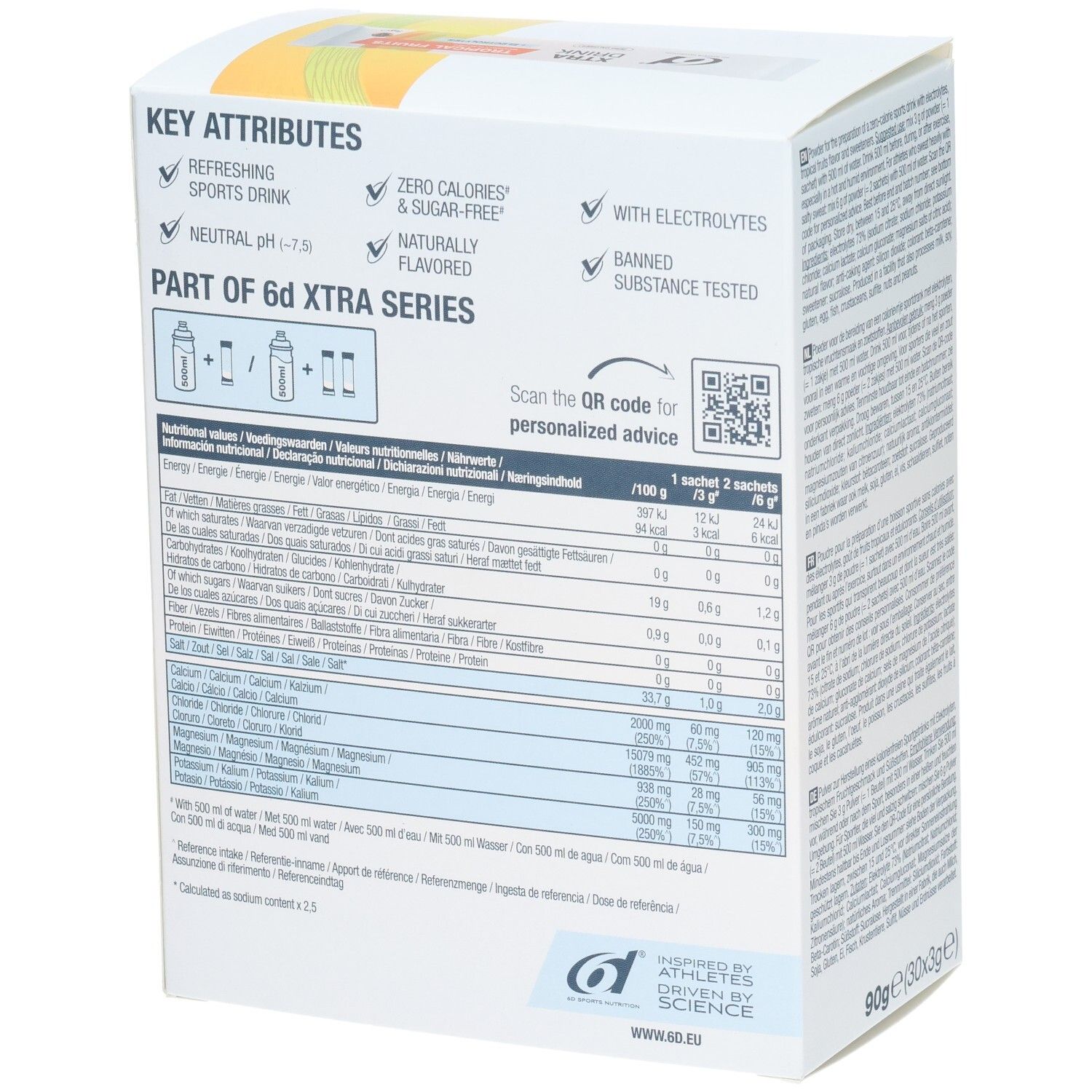 Dos de la boîte de 6D Xtra Drink. Contient des informations nutritionnelles et un code QR. Logo : 6D Sports Nutrition. Avec Key Attributes : Boisson sportive rafraîchissante.