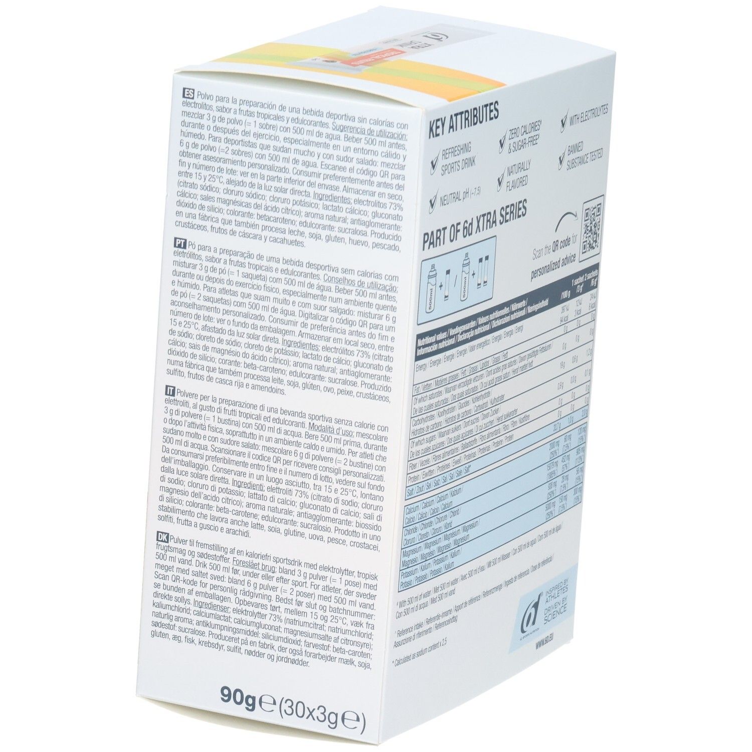 Dos de la boîte de 6D Xtra Drink. Texte en plusieurs langues. Contient des informations sur les ingrédients et l'utilisation. Logo : 6D Sports Nutrition.