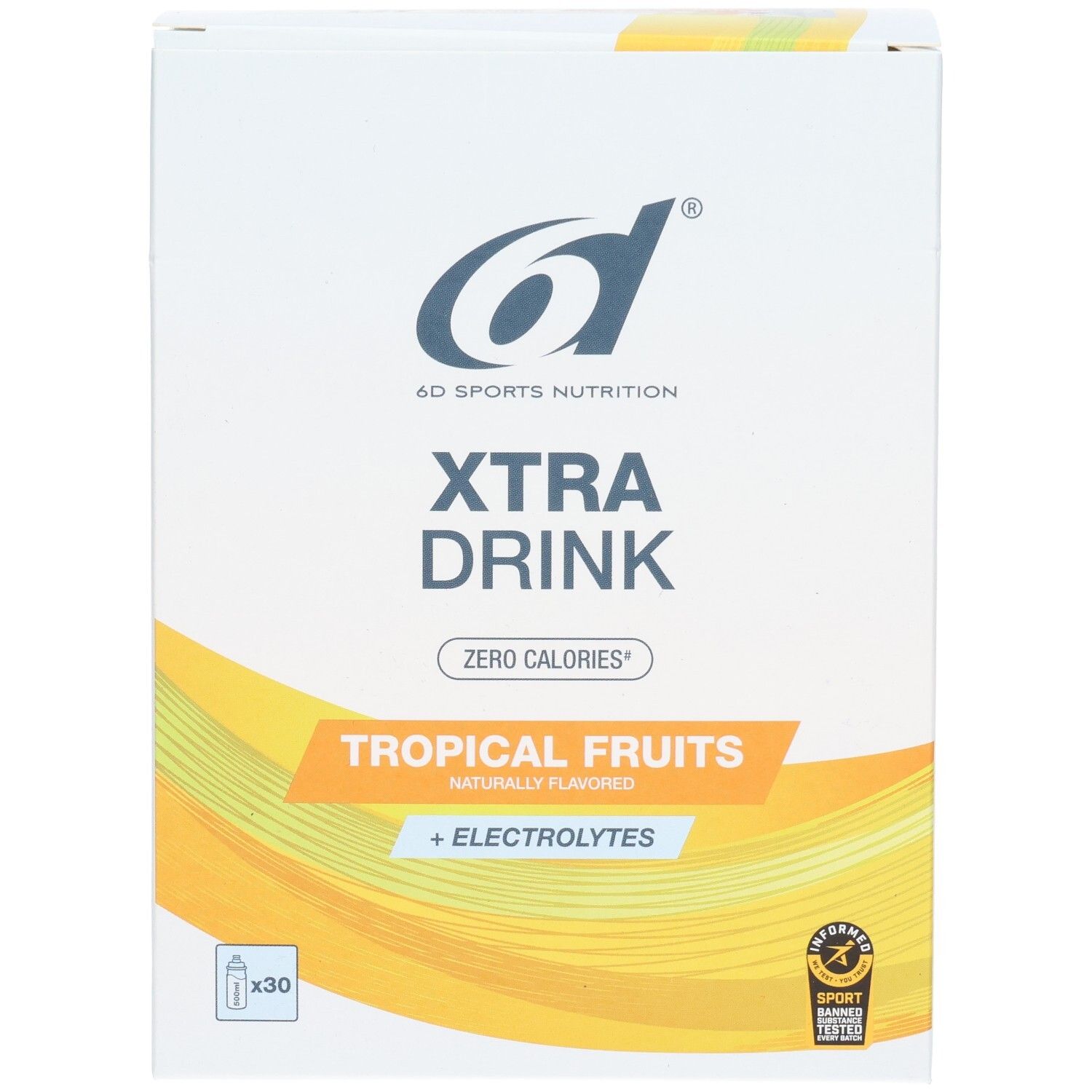 Face avant de la boîte de 6D Xtra Drink. Inscription : Xtra Drink, Tropical Fruits, + Electrolytes. Logo : 6D Sports Nutrition. Contient 30 sachets. Avec certification sportive.