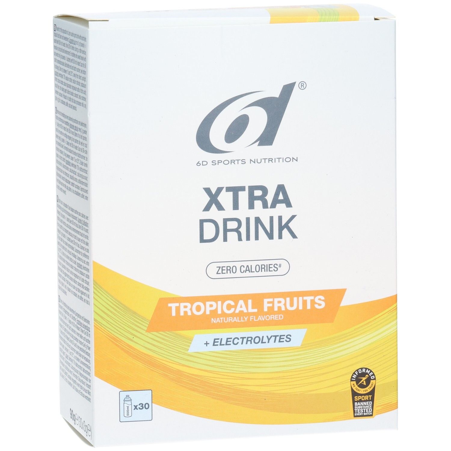 Face avant de la boîte de 6D Xtra Drink. Inscription : Xtra Drink, Tropical Fruits, + Electrolytes. Logo : 6D Sports Nutrition. Contient 30 sachets. Avec certification sportive.