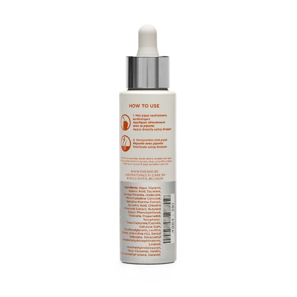 Achterkant van een Oy Scalp Serum fles met ingrediënten en barcode.