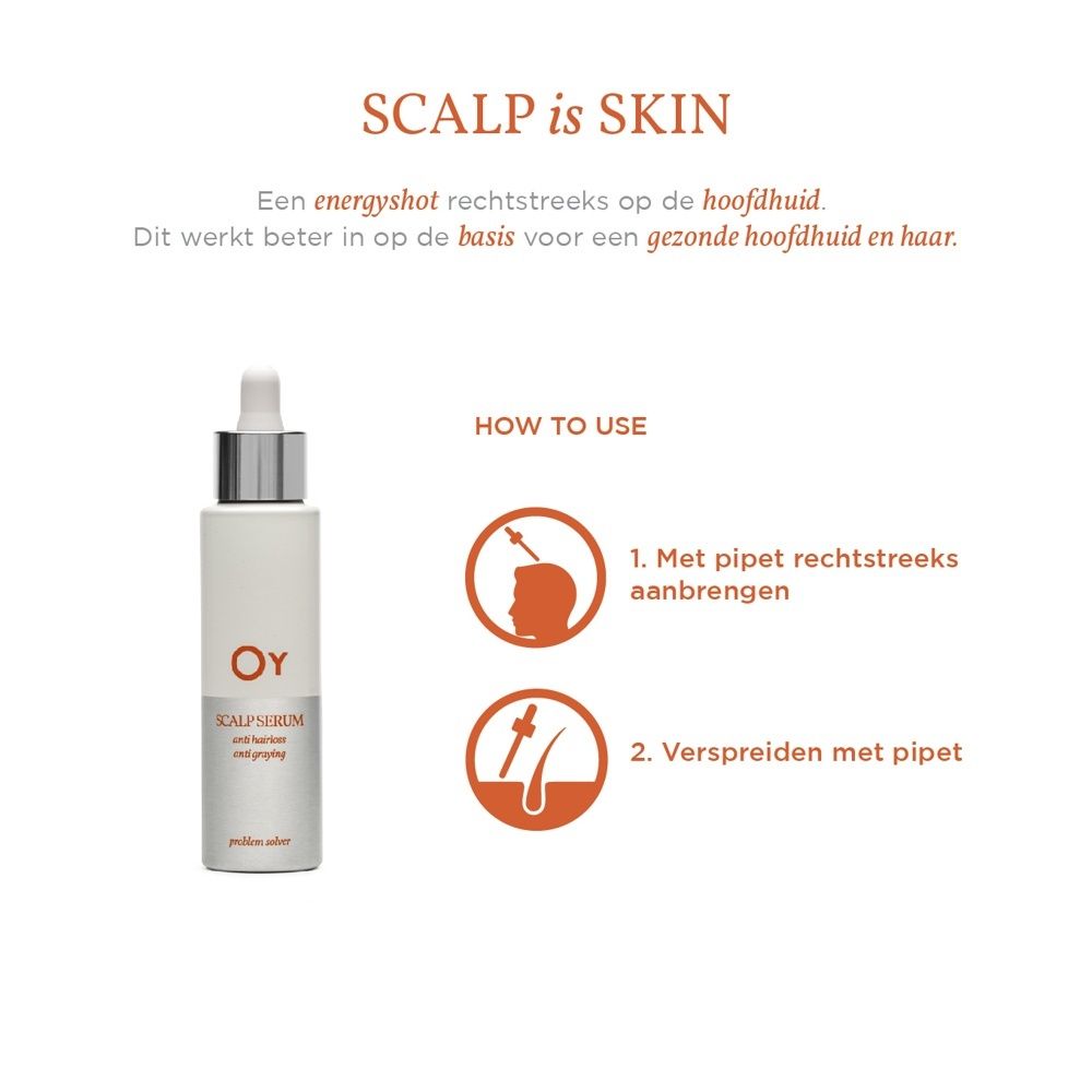Fles met pipet: Oy Scalp Serum tegen haaruitval en grijs haar.