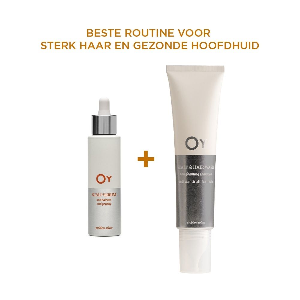 Fles met pipet: Oy Scalp Serum tegen haaruitval en grijs haar.