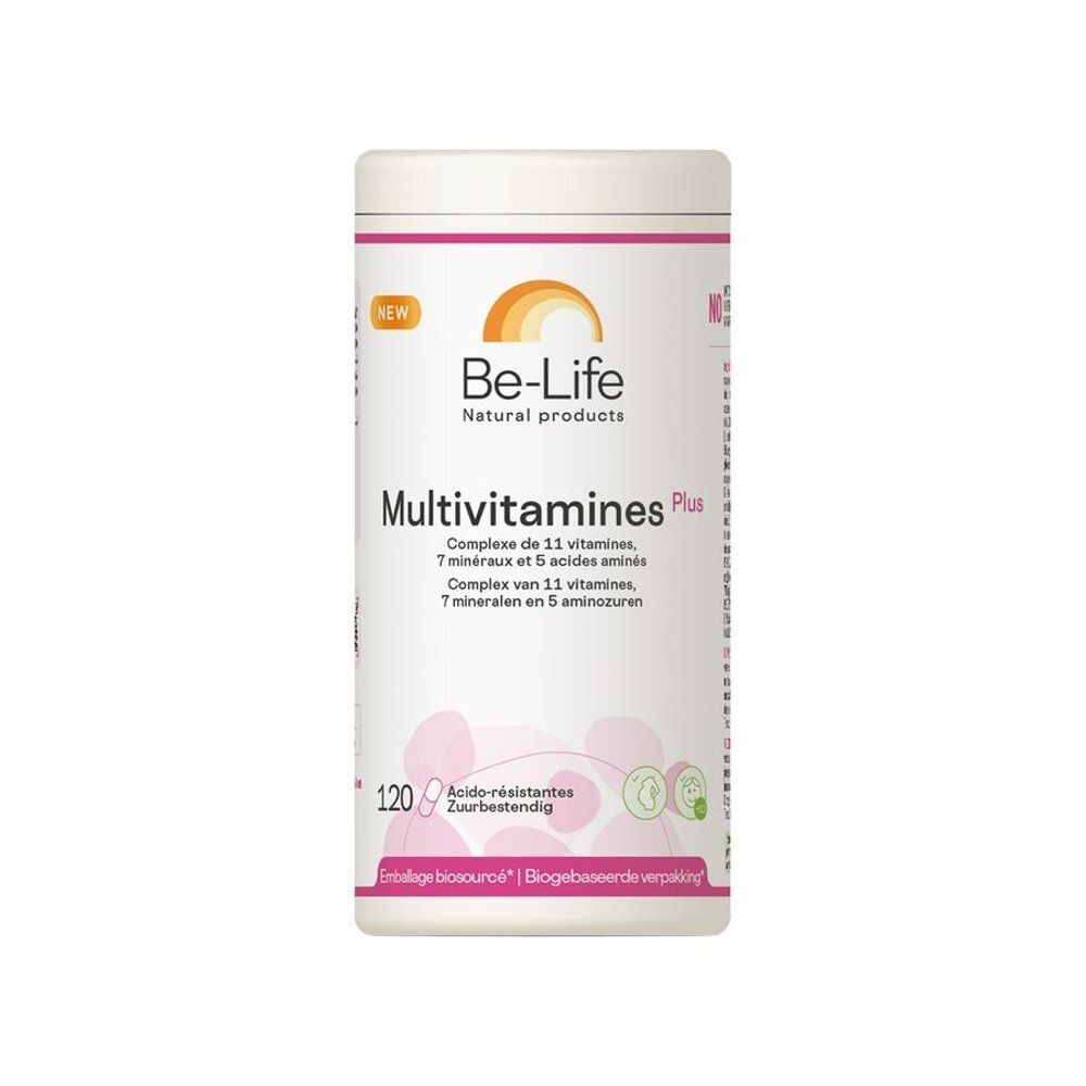 Be-Life Multivitamines Plus, 120 capsules. Boîte avec couvercle blanc et étiquette. Contient 11 vitamines, 7 minéraux et 5 acides aminés.