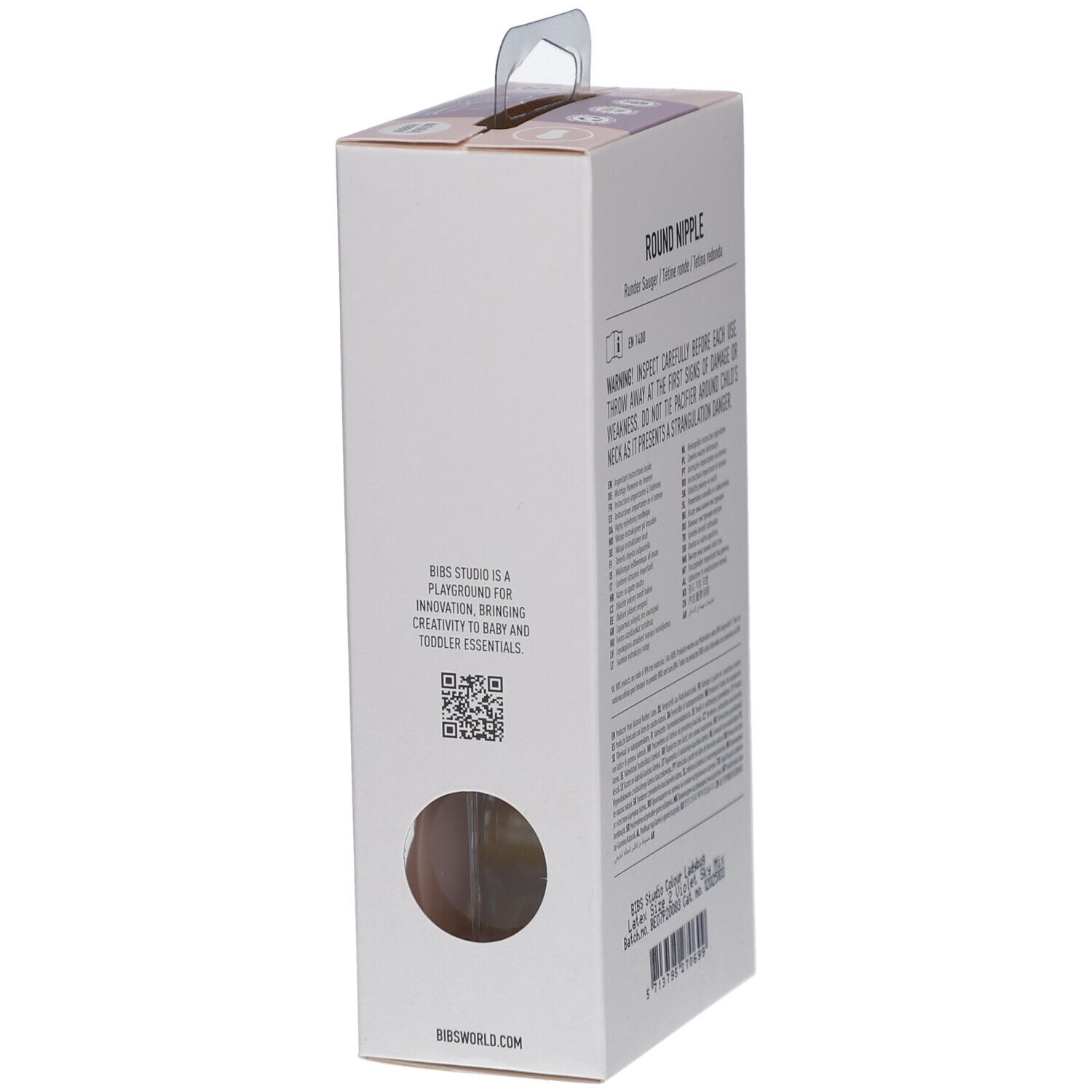 Vue latérale de l'emballage de deux sucettes. Texte multilingue. Marque BIBS. Caoutchouc naturel.