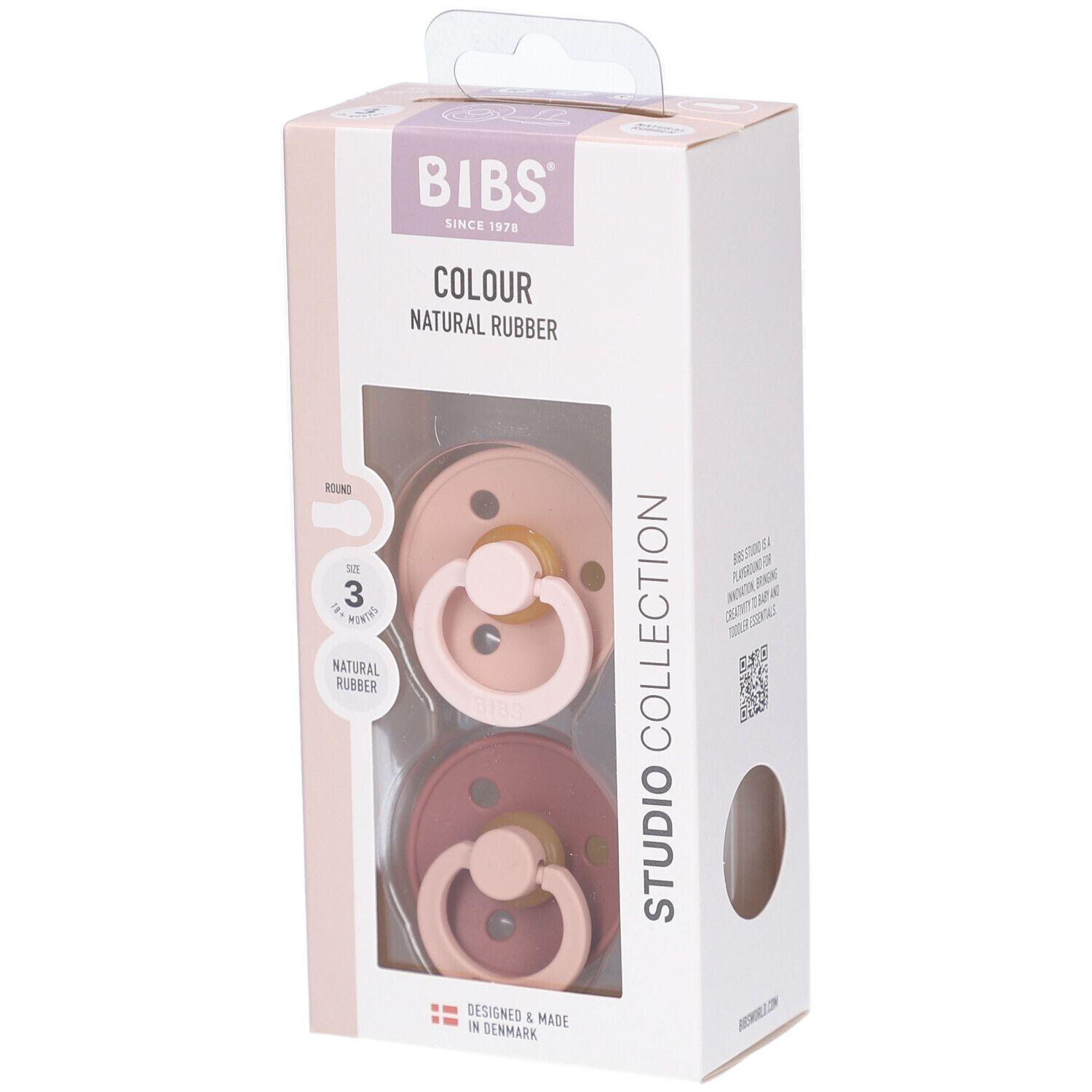 Verpakking met twee fopspenen. BIBS-logo en productnaam. Venster toont roze en bruine fopspenen. Maat 3.