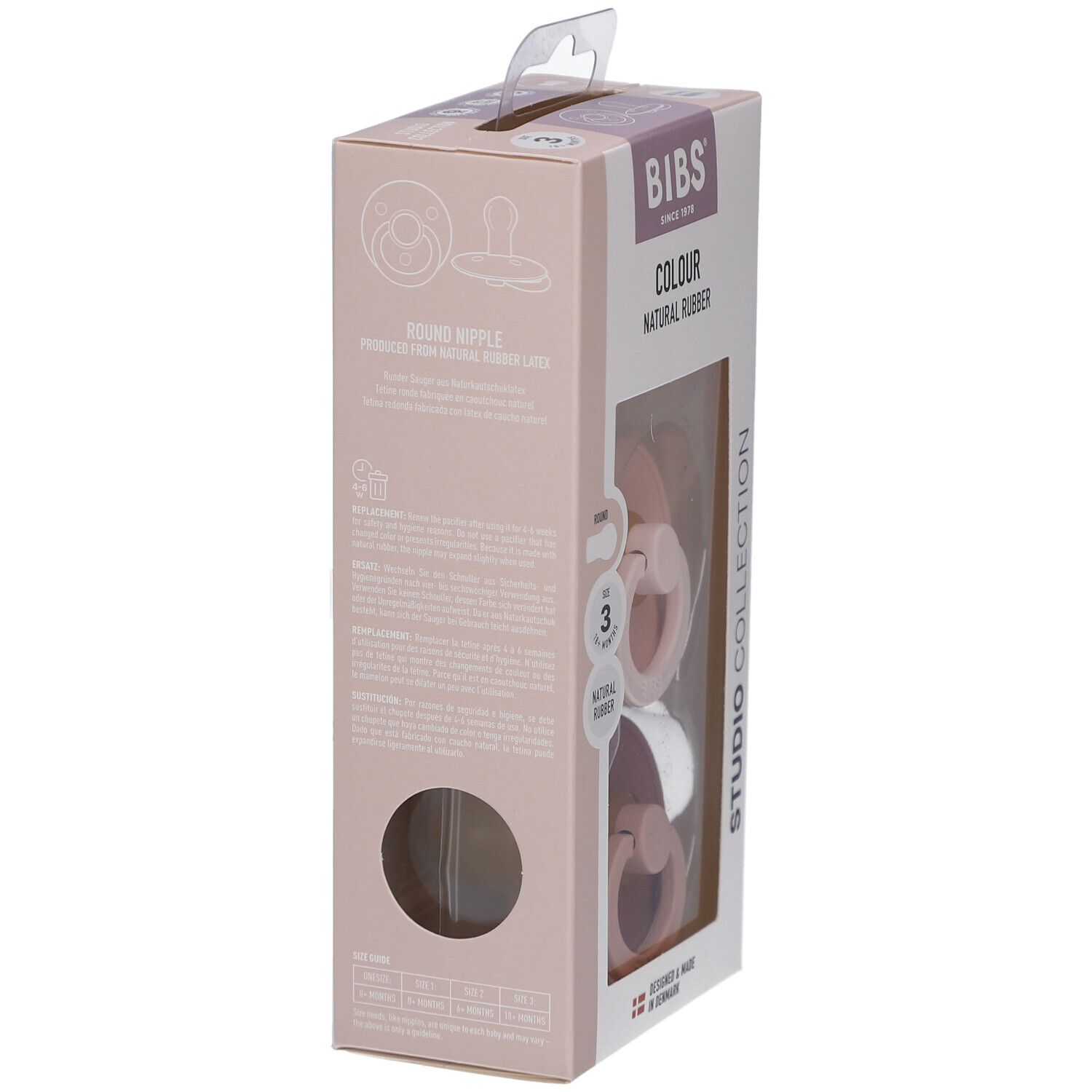 Zijaanzicht van de verpakking. BIBS-logo, productinformatie en tekst. Venster toont fopspenen. Gemaakt in Denemarken.