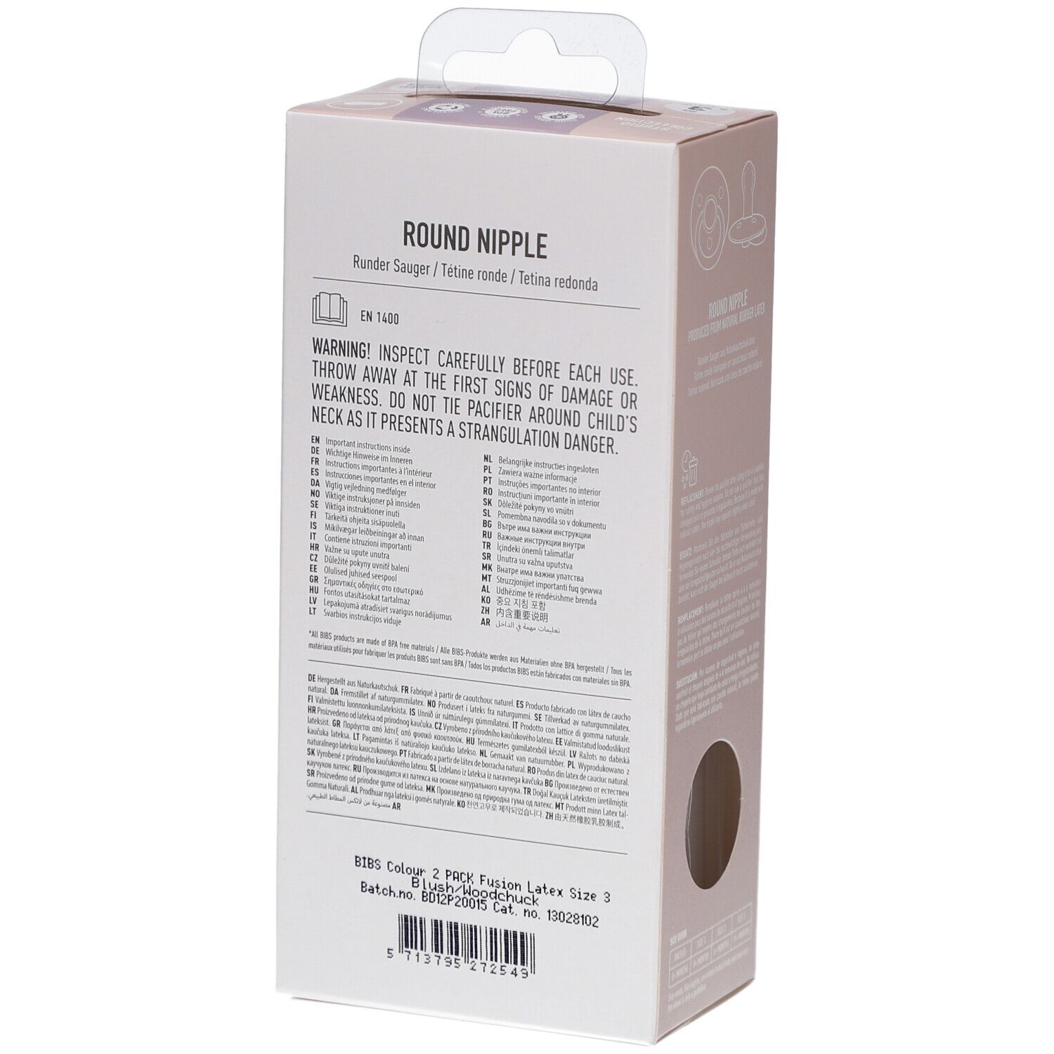 Achterkant van de verpakking. Tekst in meerdere talen. Waarschuwingen en productinformatie. Gemaakt in Denemarken.