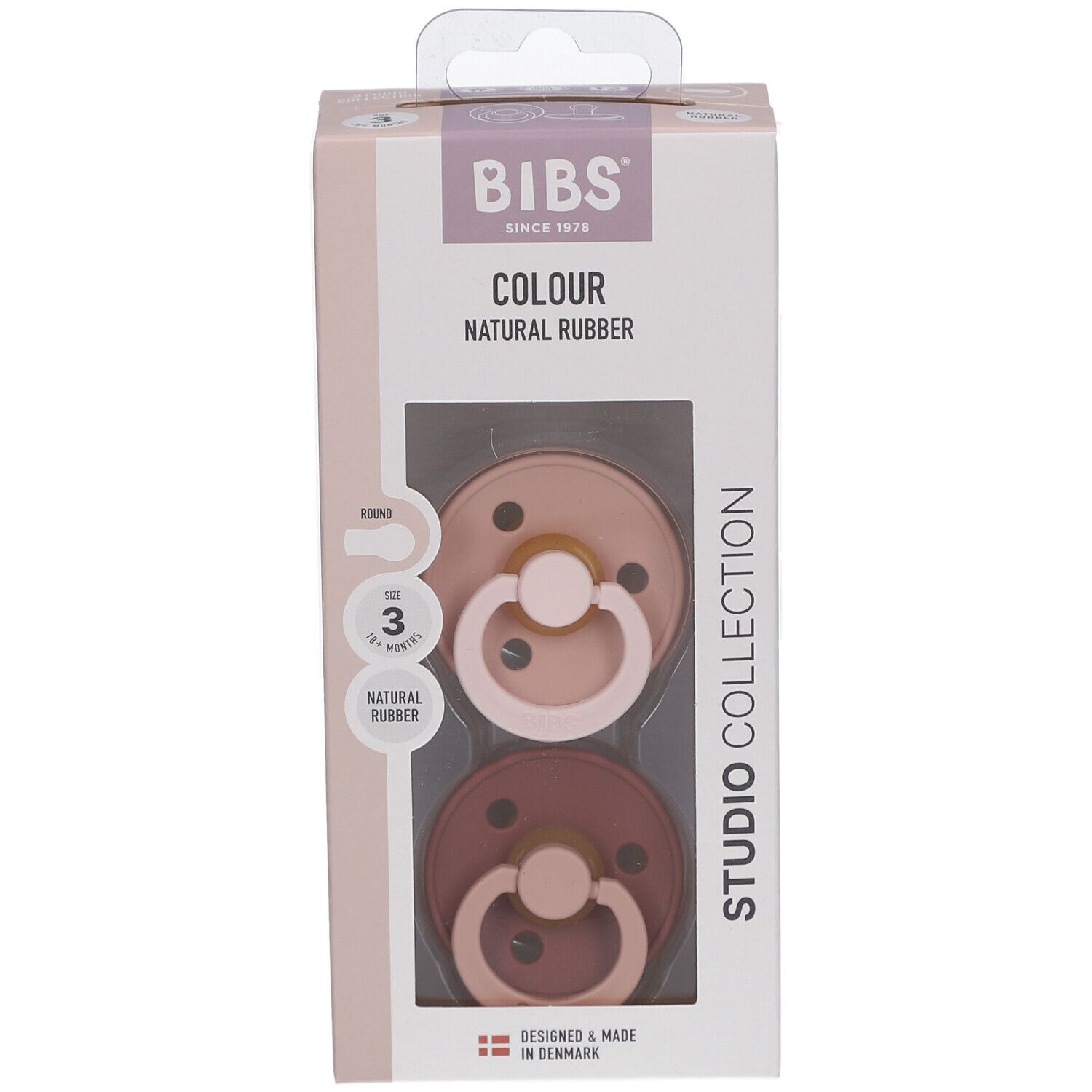 Verpakking met twee fopspenen. BIBS-logo en productnaam. Venster toont roze en bruine fopspenen. Maat 3.