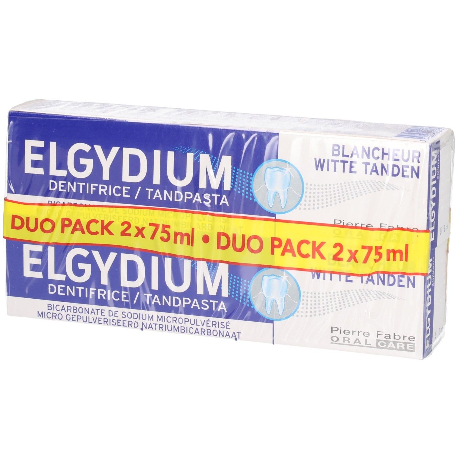 Tandpasta duo verpakking. Blauw en witte verpakking met gele Duo Pack band. Tekst: ELGYDIUM, Duo Pack, Witte Tanden.