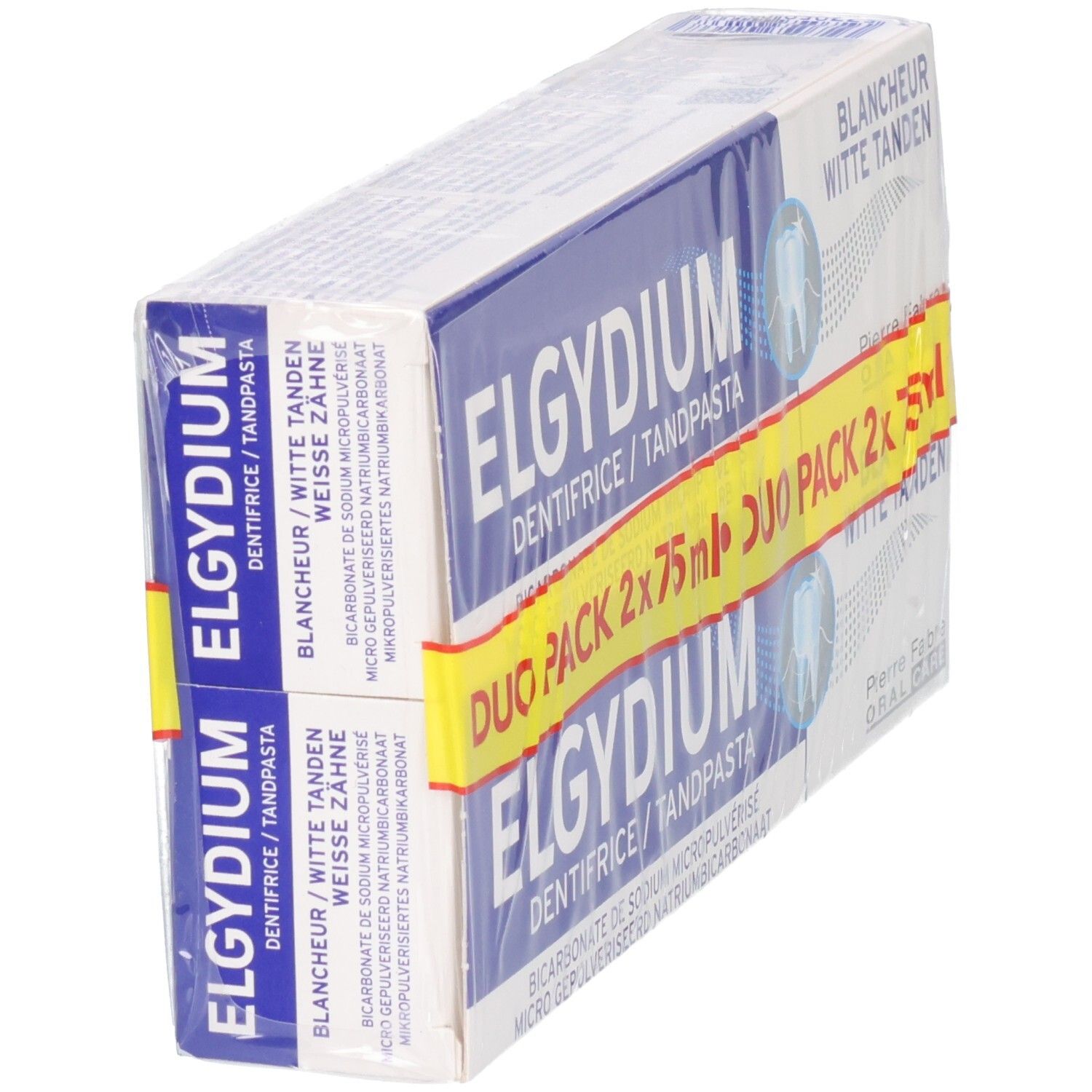 Tandpasta duo verpakking, schuin. Blauw en witte verpakking met gele Duo Pack band. Tekst: ELGYDIUM, Duo Pack, Witte Tanden.