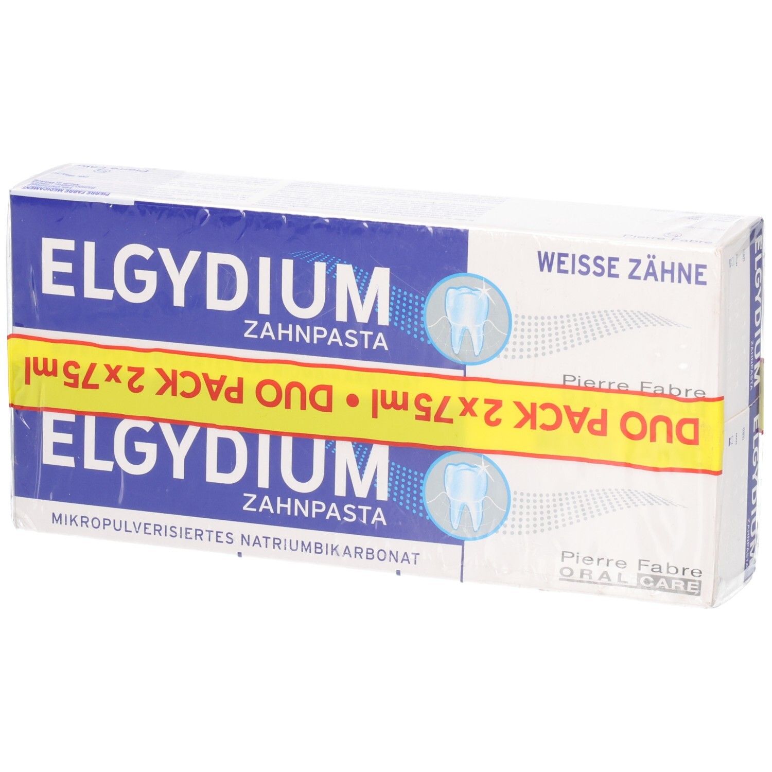 Tandpasta duo verpakking. Blauw en witte verpakking met gele Duo Pack band. Tekst: ELGYDIUM, Duo Pack, Weisse Zähne.