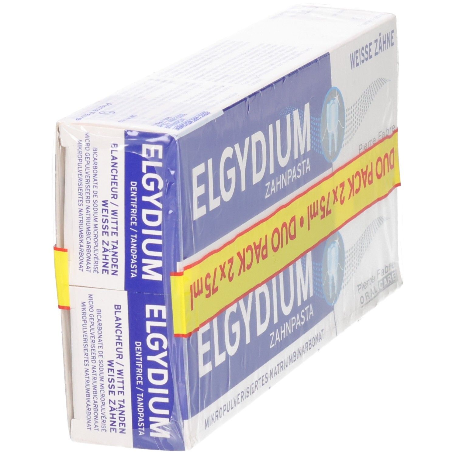 Tandpasta duo verpakking, schuin. Blauw en witte verpakking met gele Duo Pack band. Tekst: ELGYDIUM, Duo Pack, Weisse Zähne.