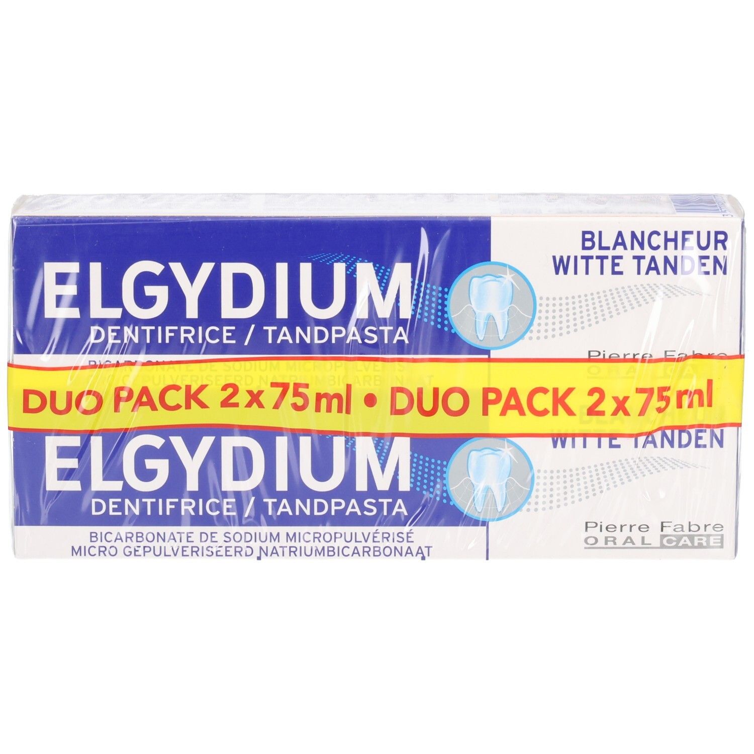 Tandpasta duo verpakking. Blauw en witte verpakking met gele Duo Pack band. Tekst: ELGYDIUM, Duo Pack, Witte Tanden.