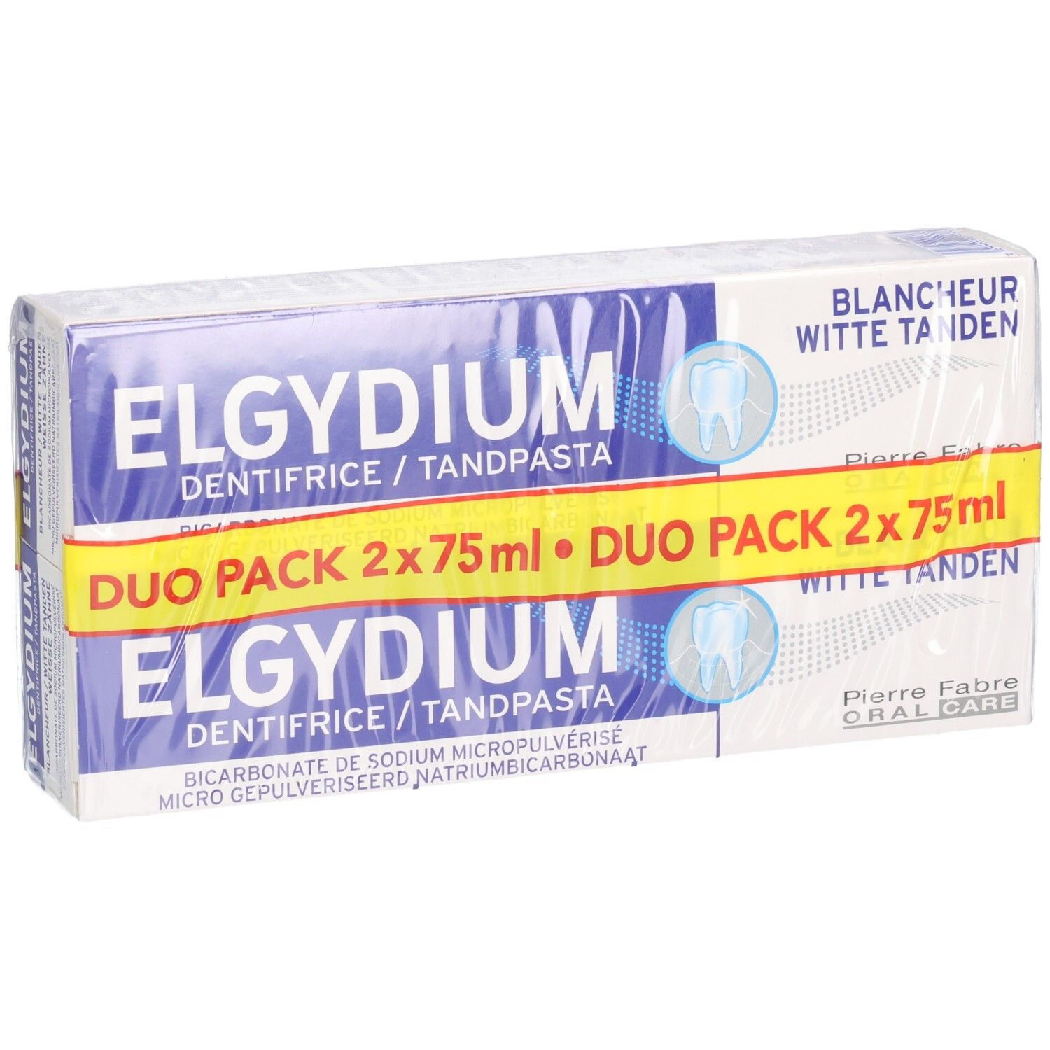 Tandpasta duo verpakking. Blauw en witte verpakking met gele Duo Pack band. Tekst: ELGYDIUM, Duo Pack, Witte Tanden.