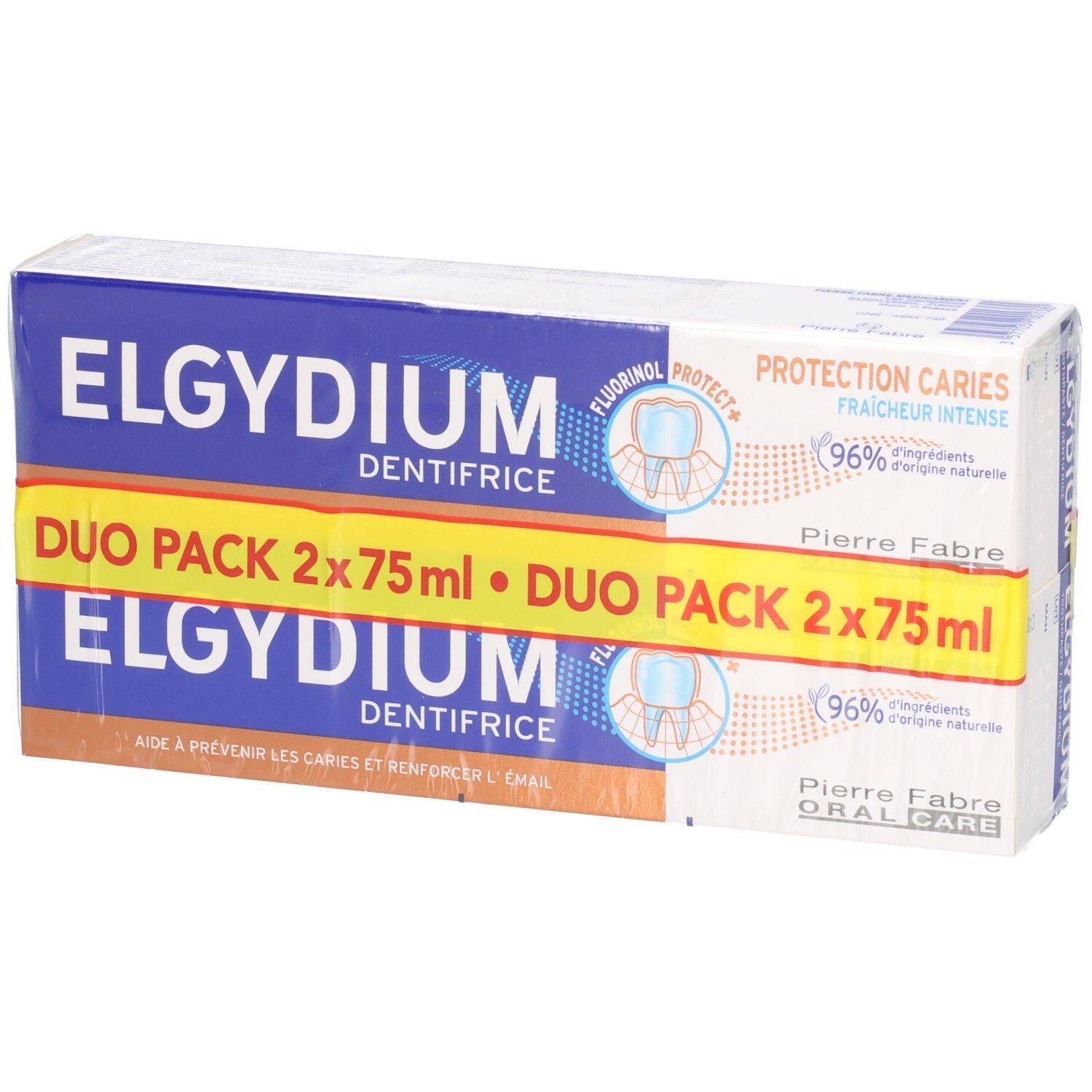 Tandpasta duo-verpakking. Blauw-witte verpakking met gele streep. Tekst: ELGYDIUM, Duo Pack 2x75ml.