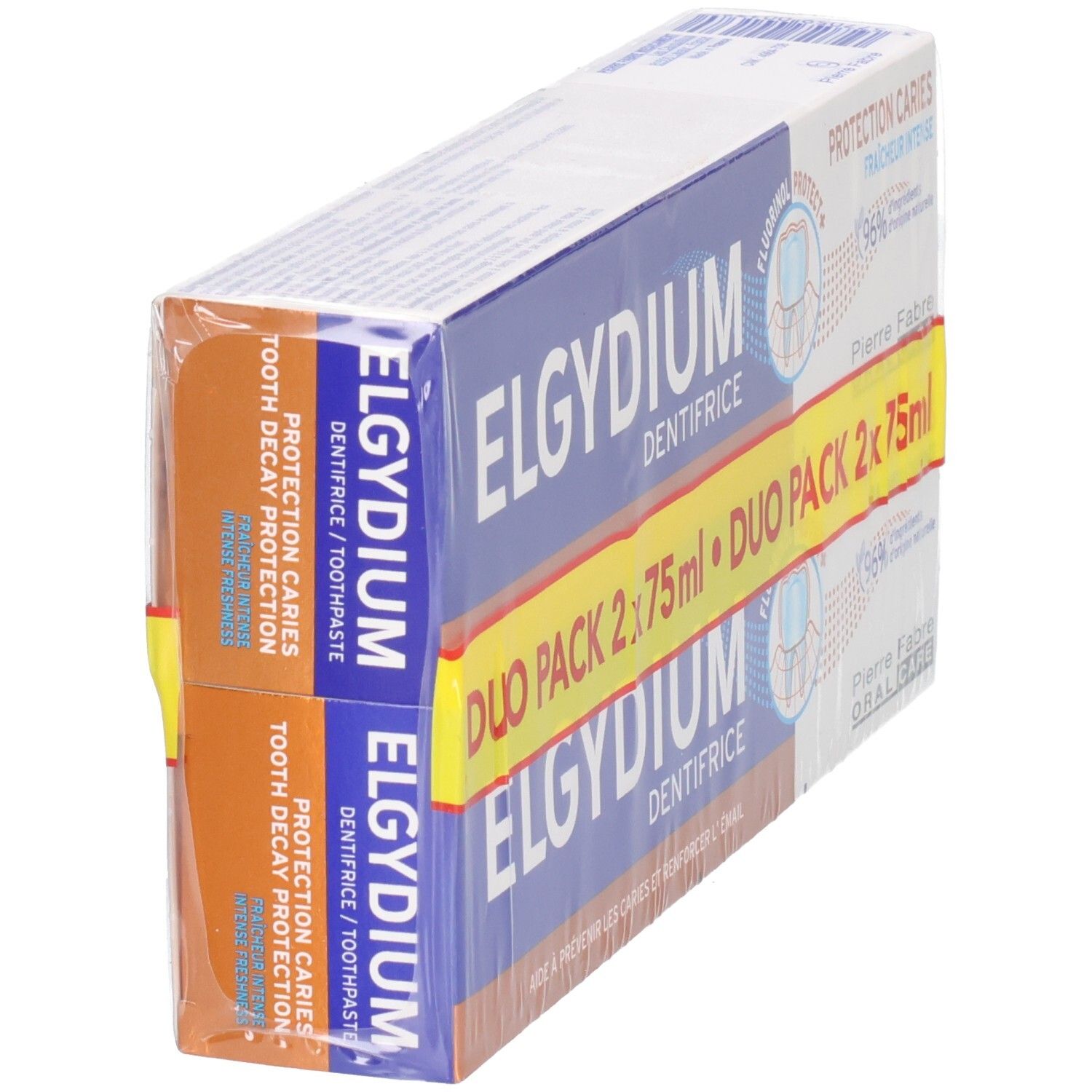 Tandpasta duo-verpakking, schuin. Blauw-witte verpakking met gele streep. Tekst: ELGYDIUM, Duo Pack 2x75ml.
