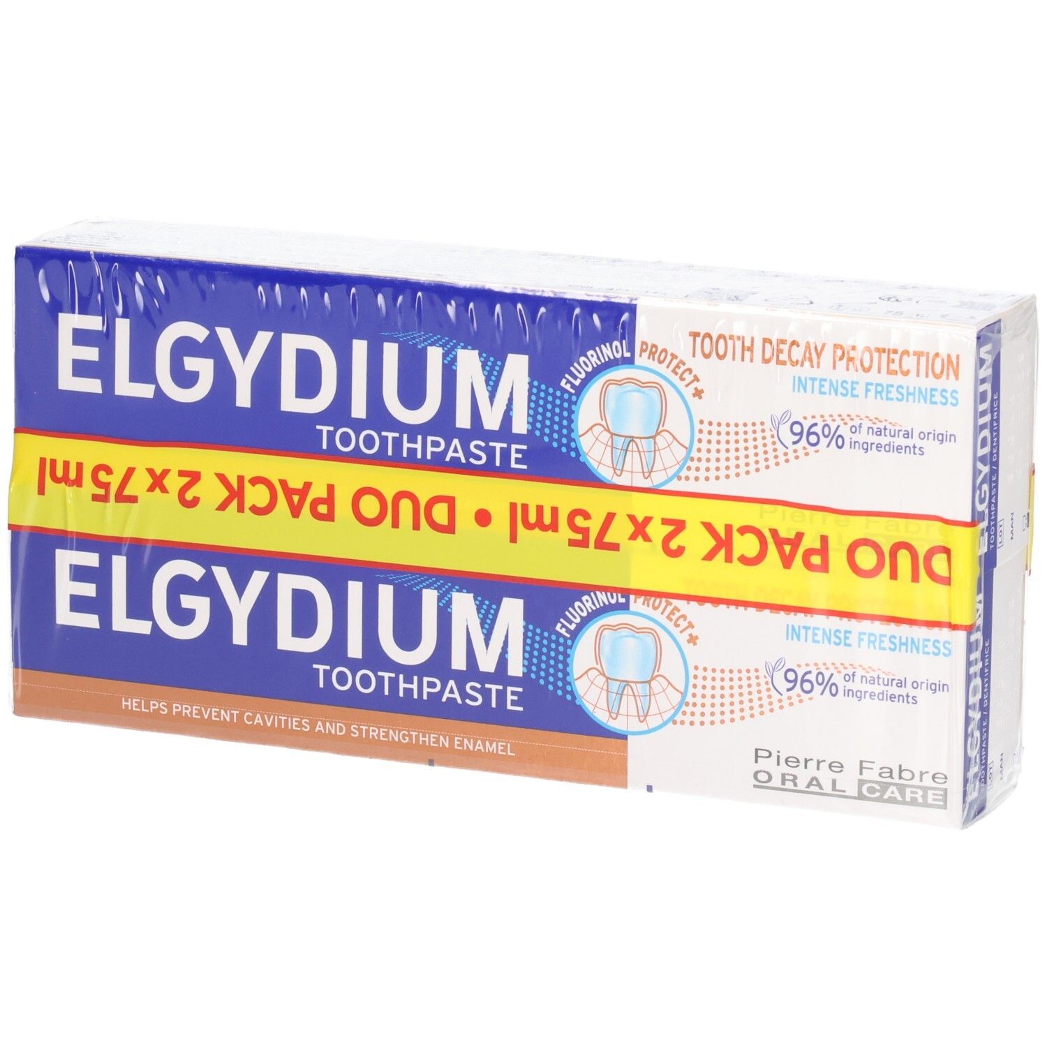 Tandpasta duo-verpakking. Blauw-witte verpakking met gele streep. Tekst: ELGYDIUM, Duo Pack 2x75ml.