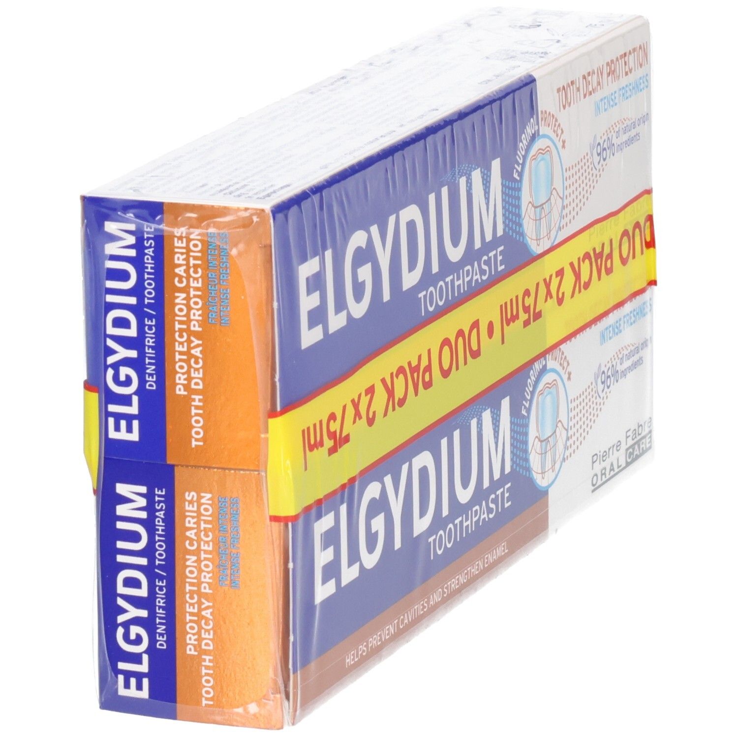 Tandpasta duo-verpakking, schuin. Blauw-witte verpakking met gele streep. Tekst: ELGYDIUM, Duo Pack 2x75ml.