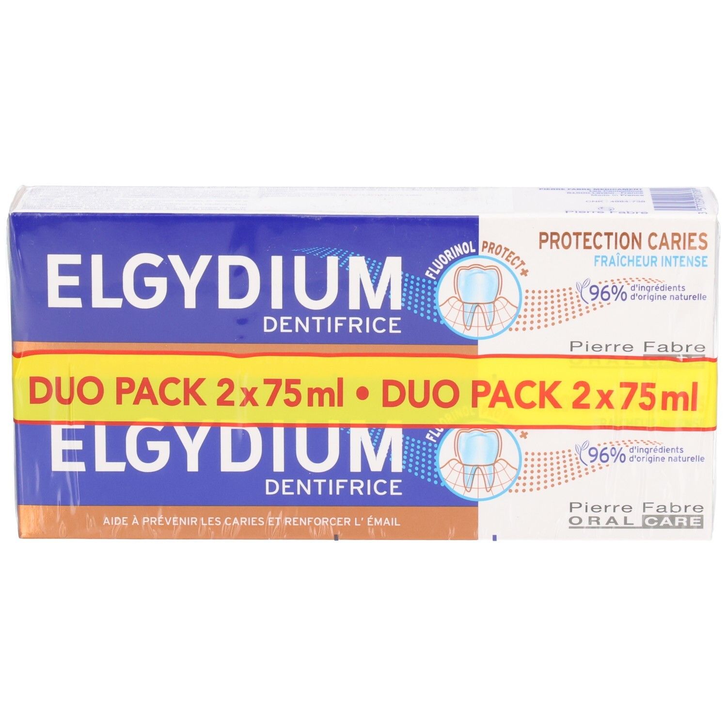 Tandpasta duo-verpakking. Blauw-witte verpakking met gele streep. Tekst: ELGYDIUM, Duo Pack 2x75ml.