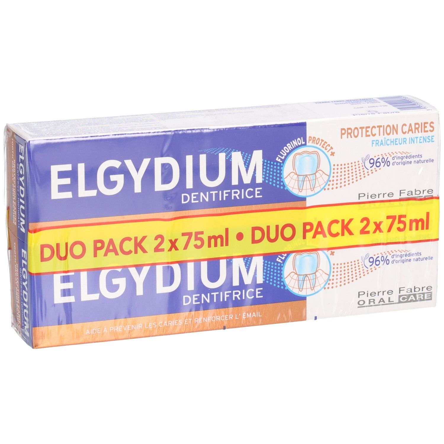 Tandpasta duo-verpakking. Blauw-witte verpakking met gele streep. Tekst: ELGYDIUM, Duo Pack 2x75ml.