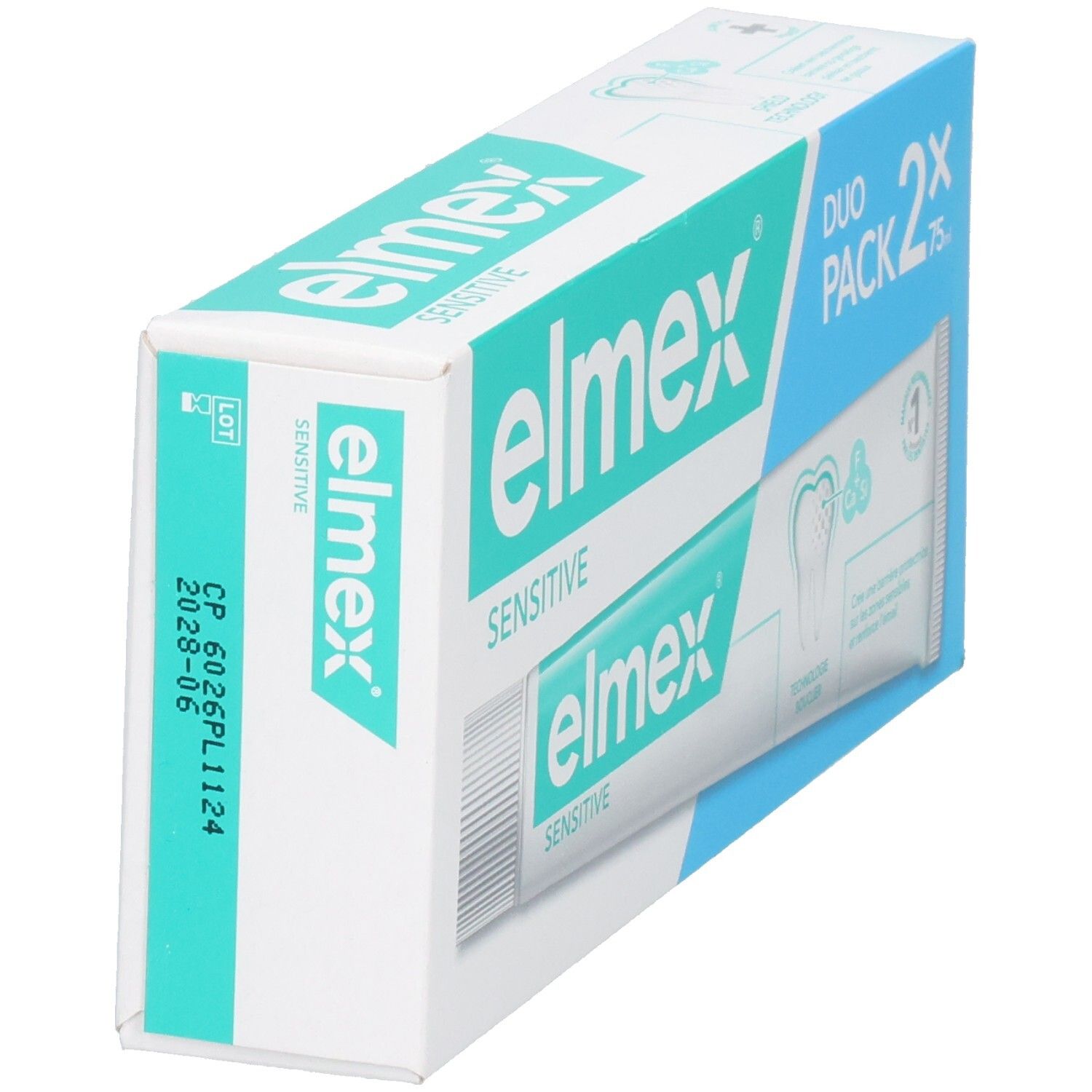 Elmex Sensitive Duo Pack dentifrice, boîte avec vue latérale.