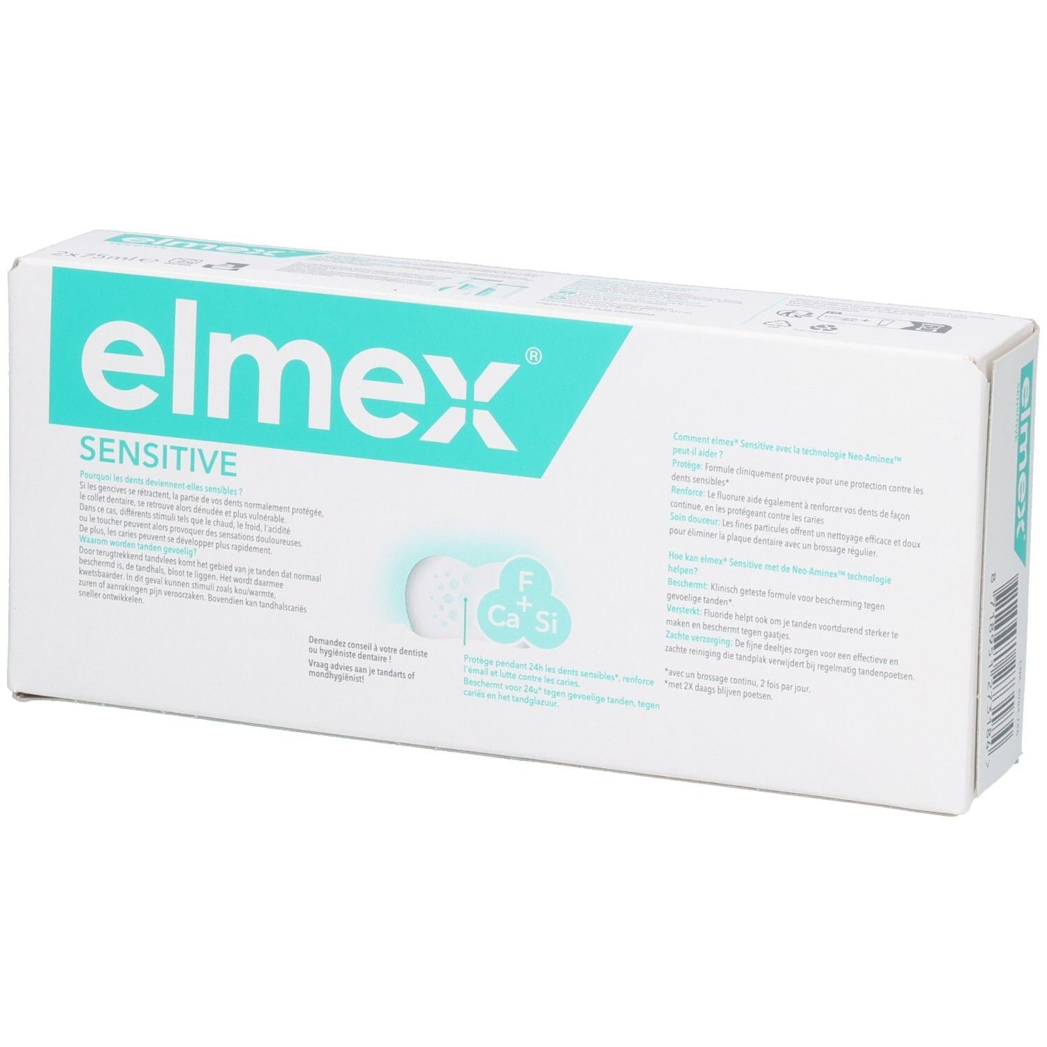 Dentifrice Elmex Sensitive, verso de l'emballage avec informations produit.