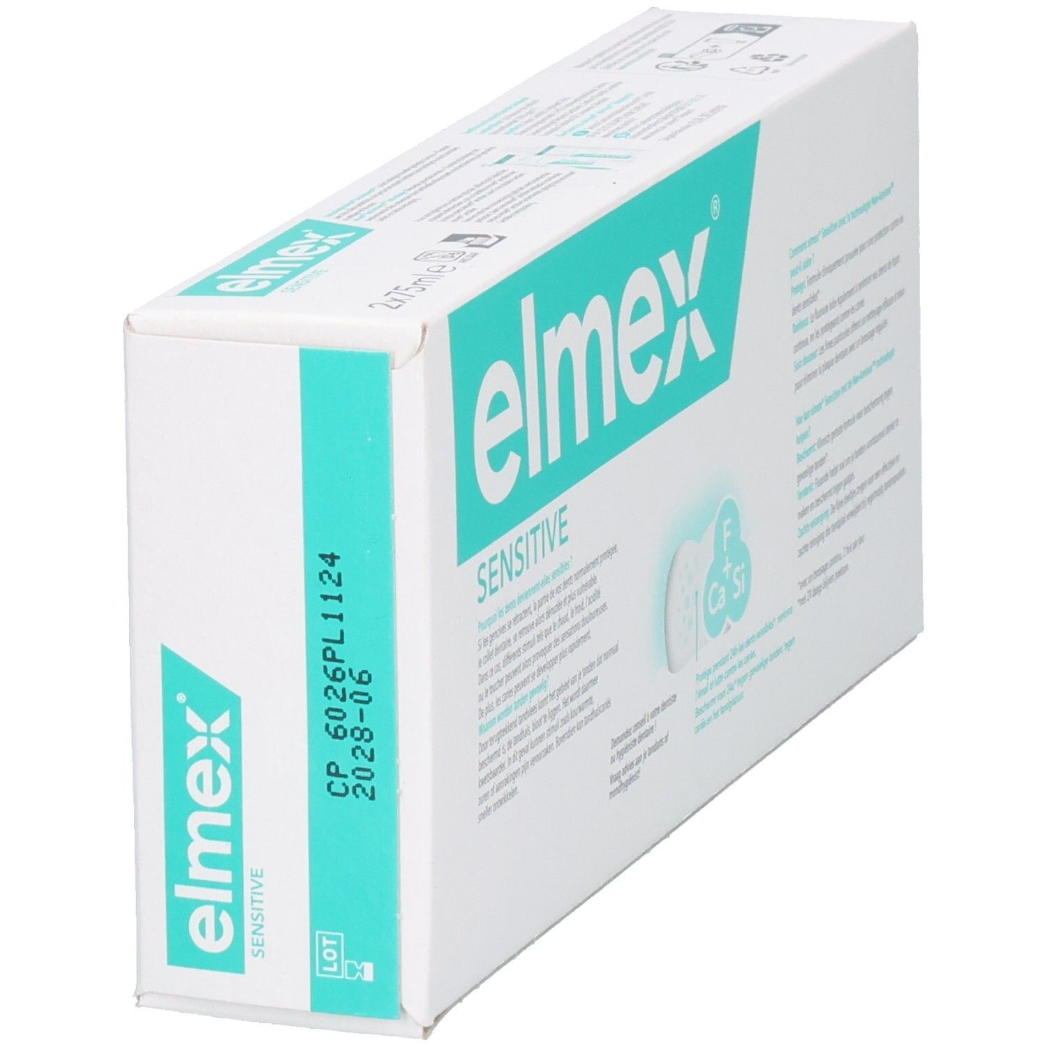 Dentifrice Elmex Sensitive, boîte avec vue latérale et numéro de lot.