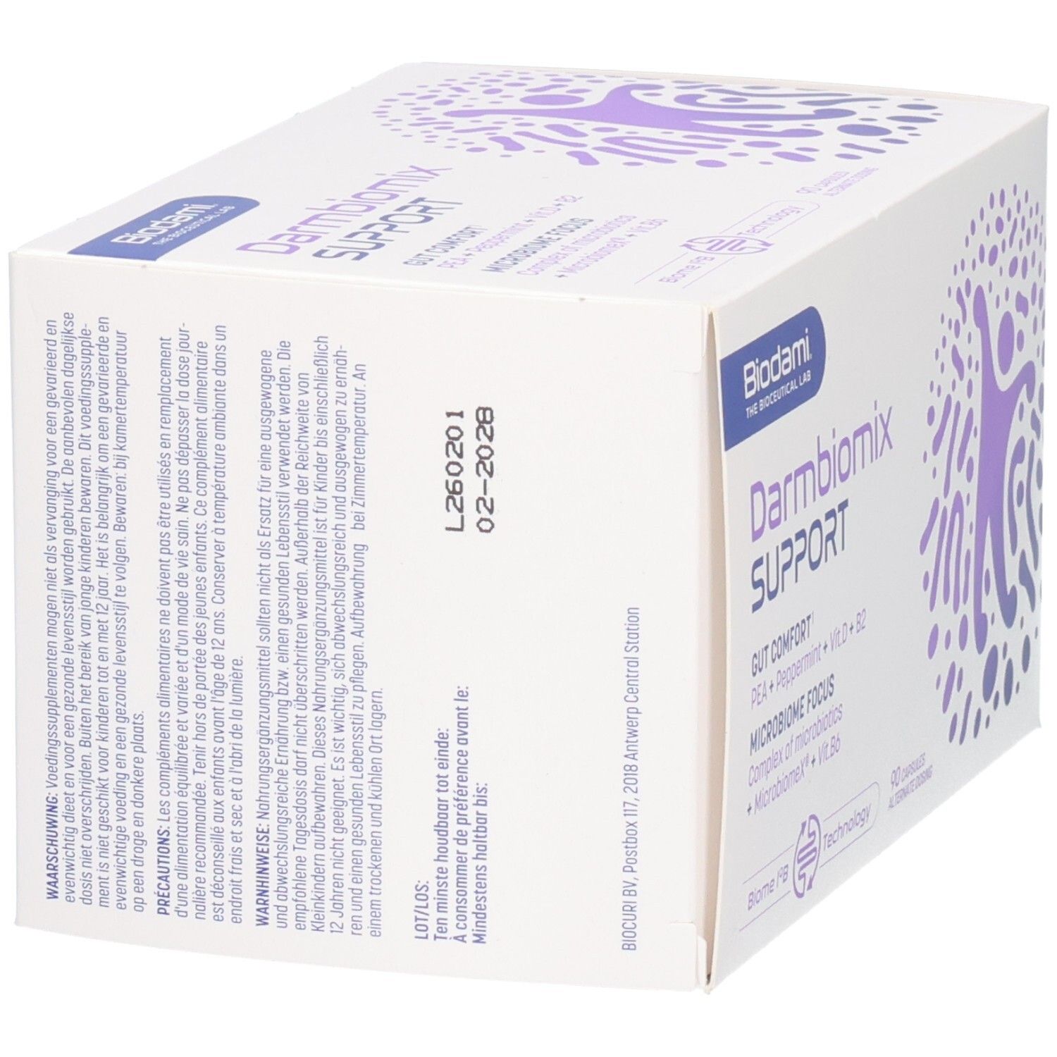Witte doos Darmbiomix SUPPORT. Biodami logo. Tekst en lotnummer. Zijaanzicht. Meertalige productinformatie.
