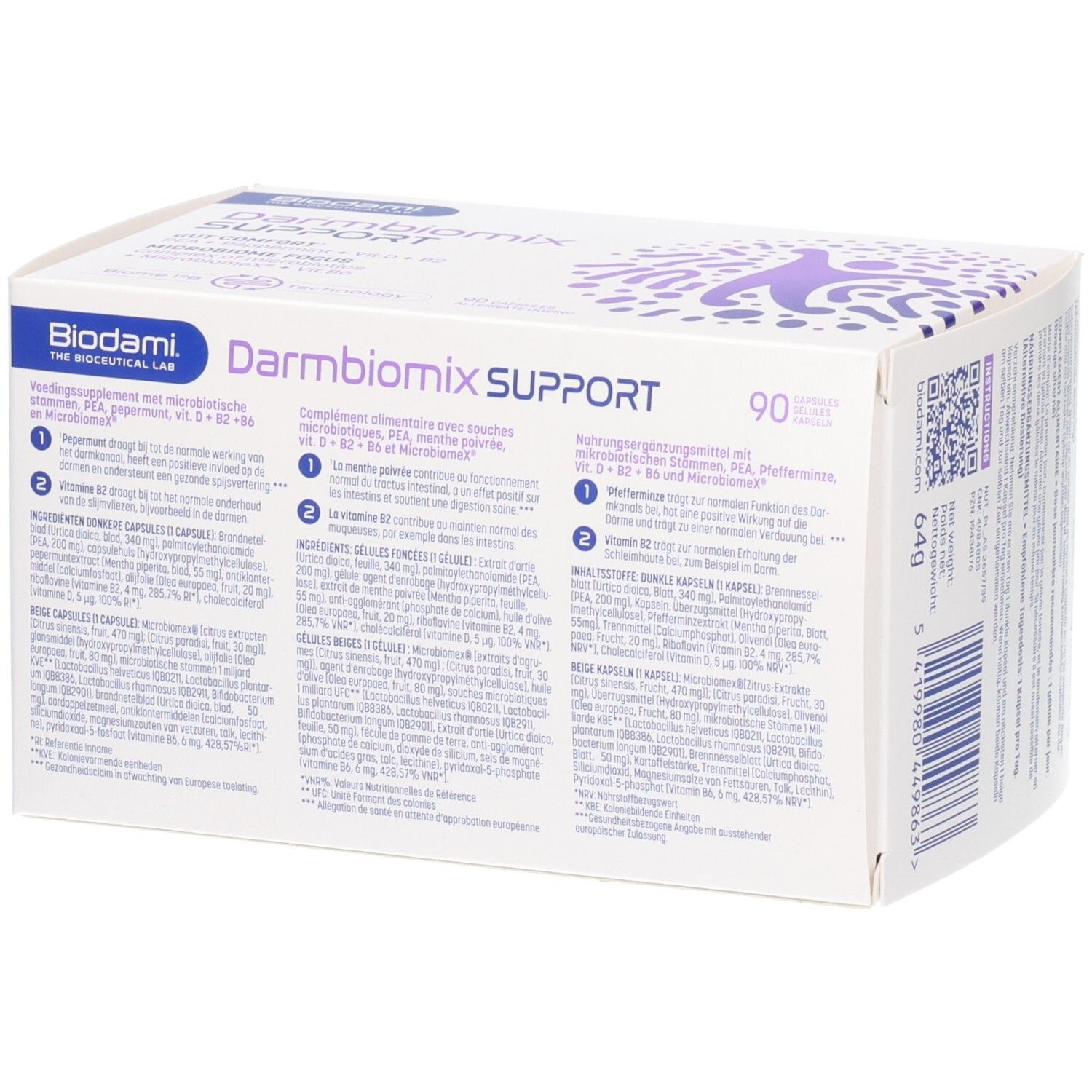 Achterkant witte doos Darmbiomix SUPPORT. Meertalige productinformatie. 90 capsules. Biodami logo.