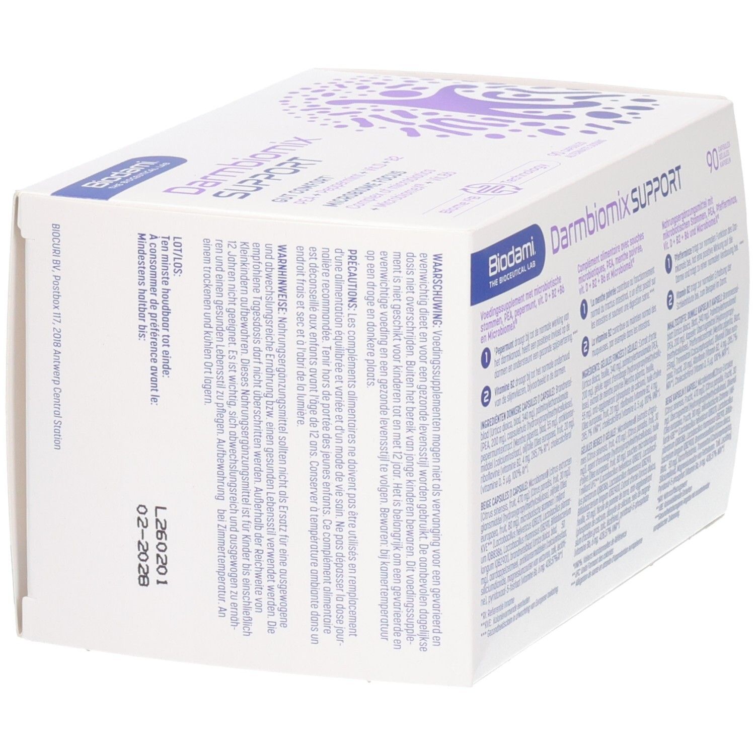 Witte doos Darmbiomix SUPPORT. Biodami logo. Tekst en lotnummer. Zijaanzicht. Meertalige productinformatie.