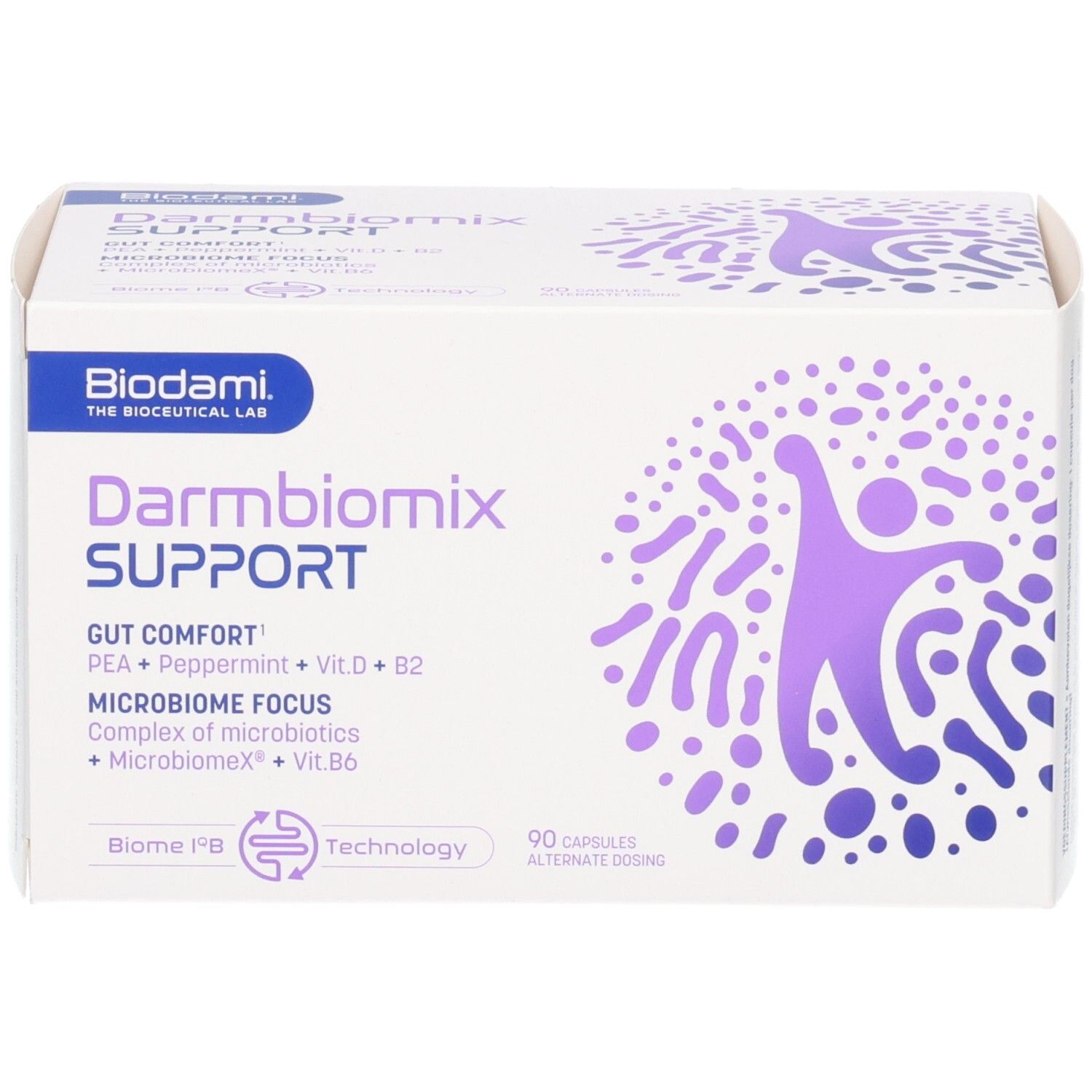Witte doos Darmbiomix SUPPORT. Biodami logo. Paarse afbeelding. 90 capsules. Tekst: Gut Comfort, PEA + Pepermunt + Vit.D + B2.