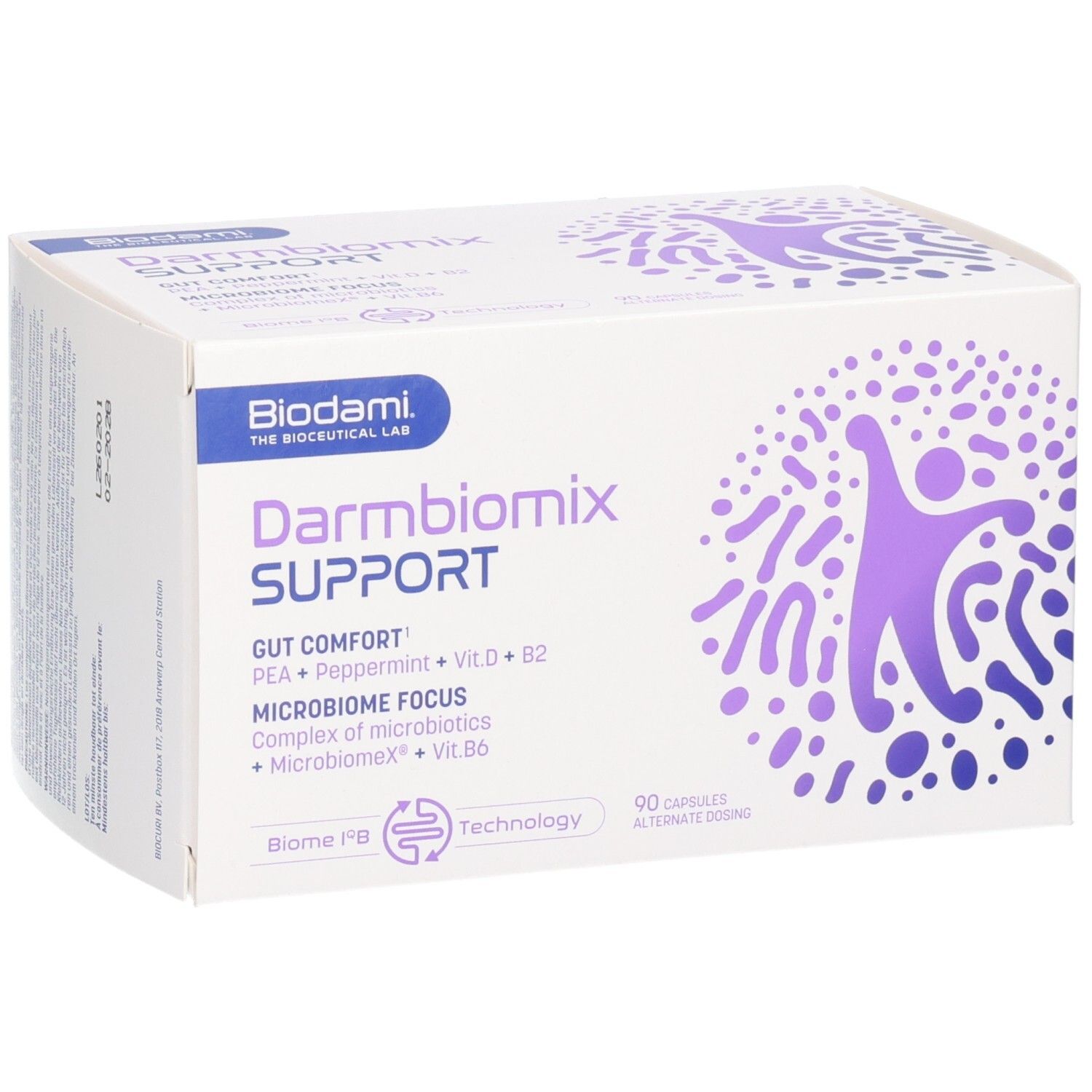 Witte doos Darmbiomix SUPPORT. Biodami logo. Paarse afbeelding. 90 capsules. Tekst: Gut Comfort, PEA + Pepermunt + Vit.D + B2.