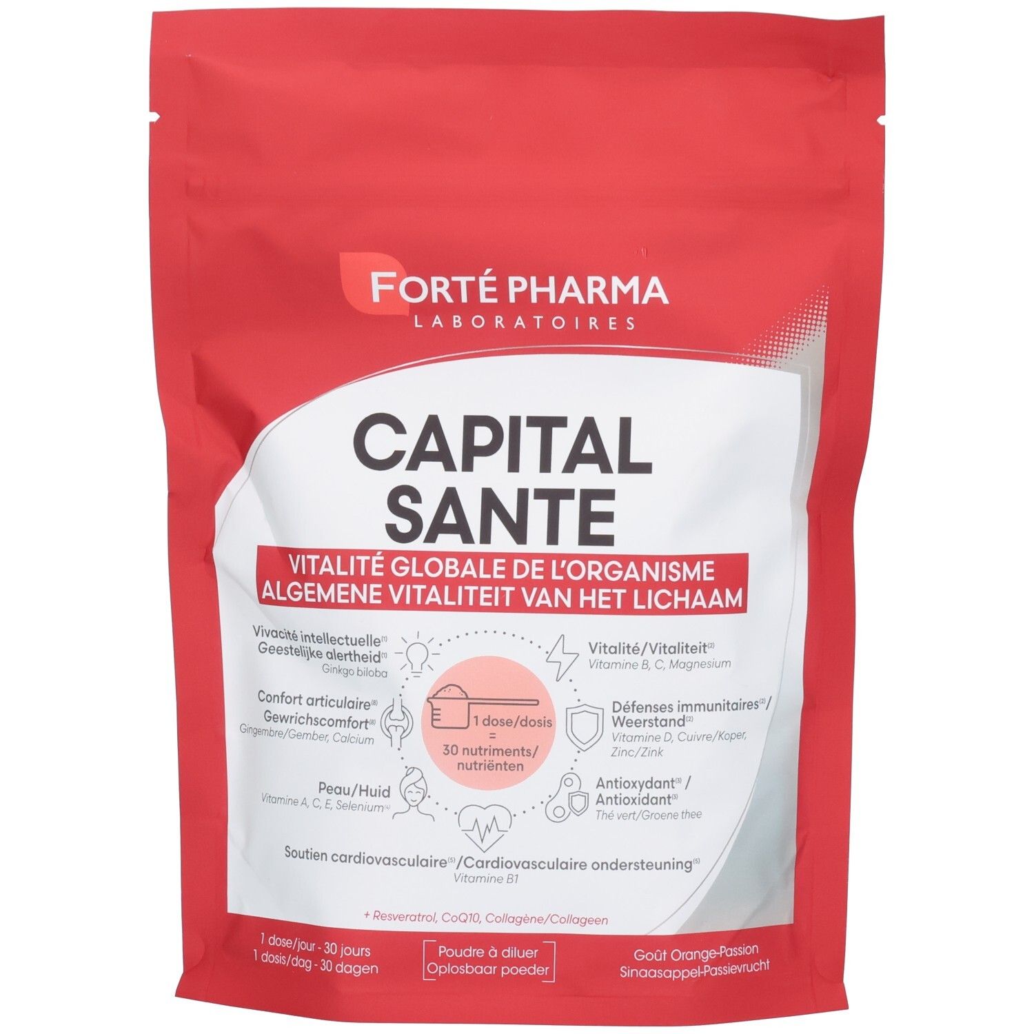 Sachet rouge Forté Pharma Capital Santé, poudre pour vitalité générale. Contient 30 nutriments.