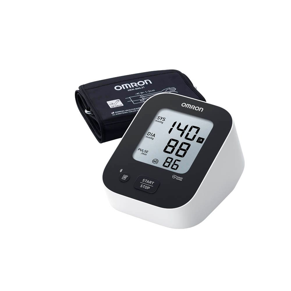 OMRON M2+ Connect bloeddrukmeter. Apparaat, manchet en display. Close-up.