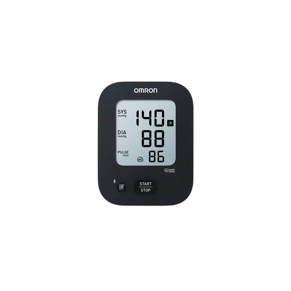 OMRON M2+ Connect display. Zwart scherm met witte cijfers. Start/Stop-knop.