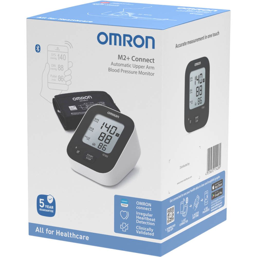 OMRON M2+ Connect bloeddrukmeter. Apparaat, manchet en display. Verpakking.