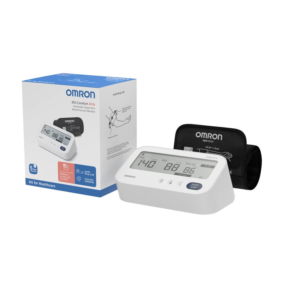 OMRON M3 Comfort AFib bloeddrukmeter. Apparaat, manchet en display. Tekst: AFib, vermindert beroerterisico.