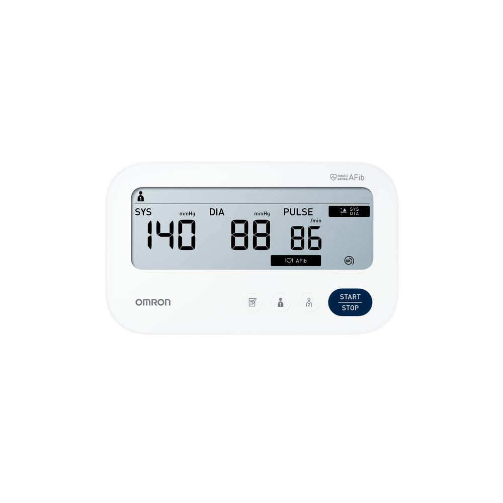 OMRON M3 Comfort AFib bloeddrukmeter. Apparaat, manchet en display. Tekst: AFib, vermindert beroerterisico.
