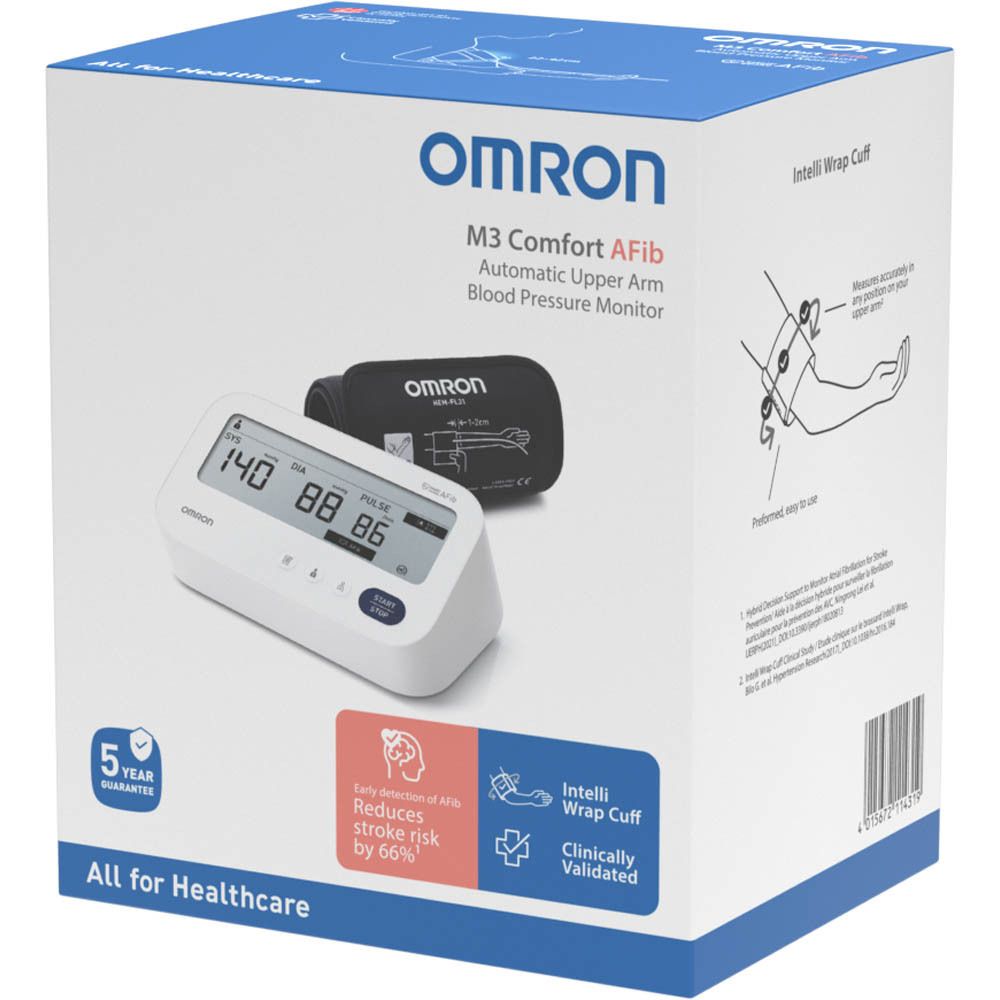 OMRON M3 Comfort AFib bloeddrukmeter. Digitaal display met waarden en knoppen. Tekst: OMRON, Start/Stop.