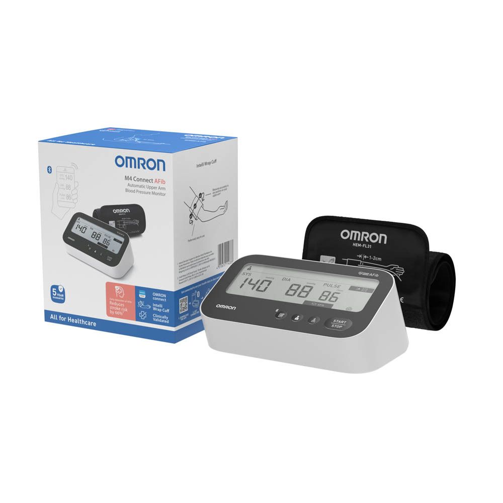 Omron M4 Connect AFib bloeddrukmeter. Apparaat, manchet en display. Bluetooth. Vermindert beroerterisico.