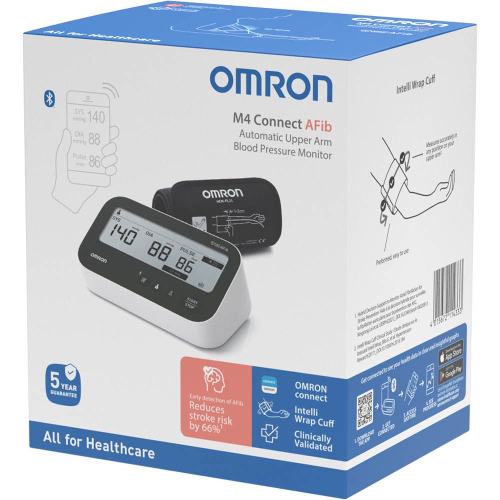 Omron M4 Connect AFib, moniteur de pression artérielle. Appareil, brassard et écran. Bluetooth. Affichage des mesures.