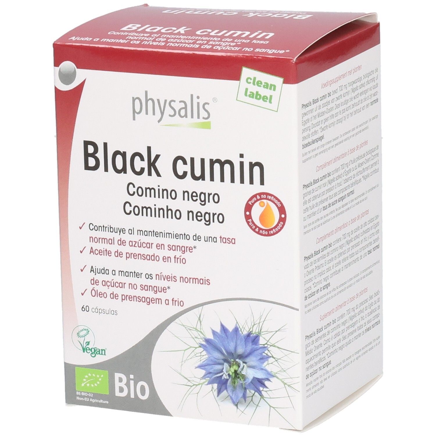 Verpakking Physalis Black Cumin capsules. Bevat 60 capsules. Bio-label en Vegan-logo. Rode en witte kleuren.