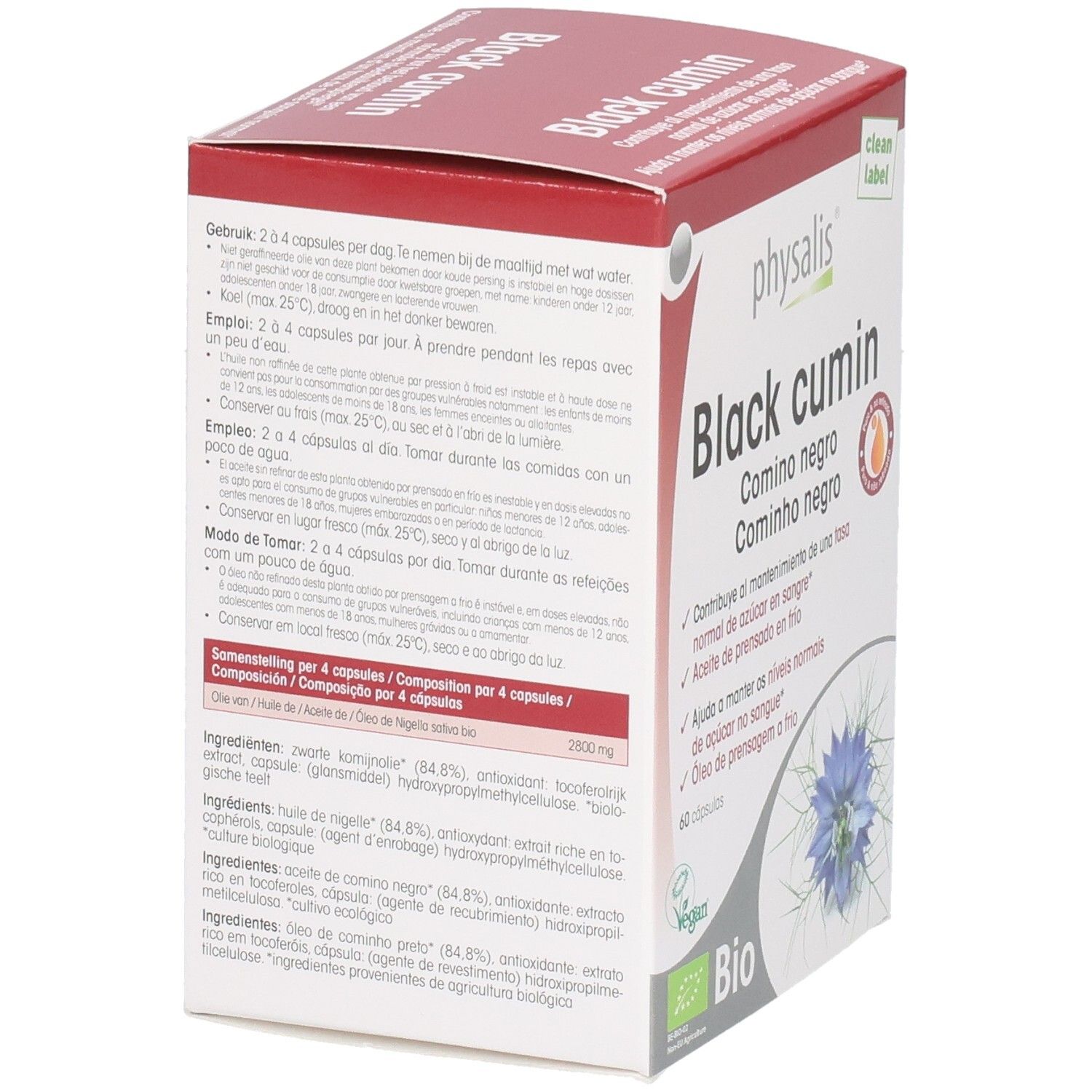 Achterkant verpakking Physalis Black Cumin capsules. Tekst in meerdere talen. Bevat ingrediënten en dosering.