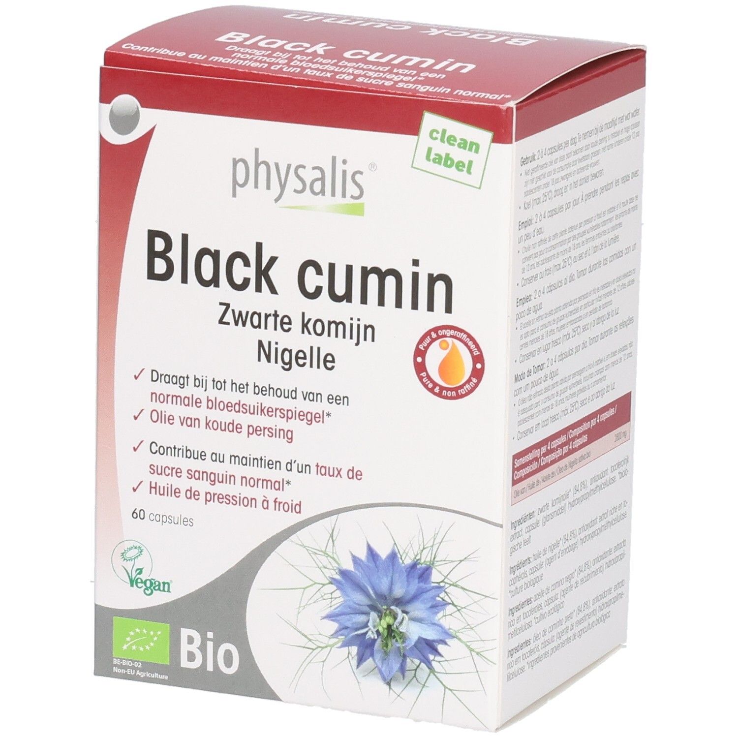 Verpakking Physalis Black Cumin capsules. Bevat 60 capsules. Bio-label en Vegan-logo. Zwarte komijn.