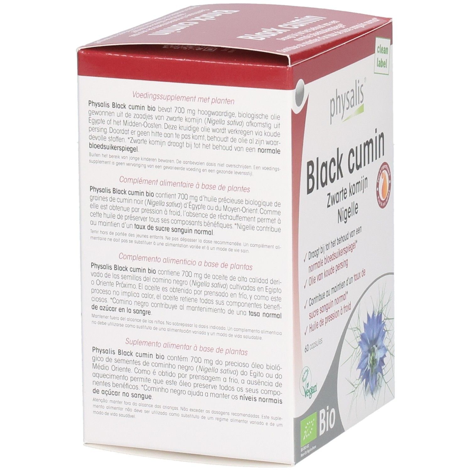 Achterkant verpakking Physalis Black Cumin capsules. Tekst in meerdere talen. Bevat ingrediënten en dosering.